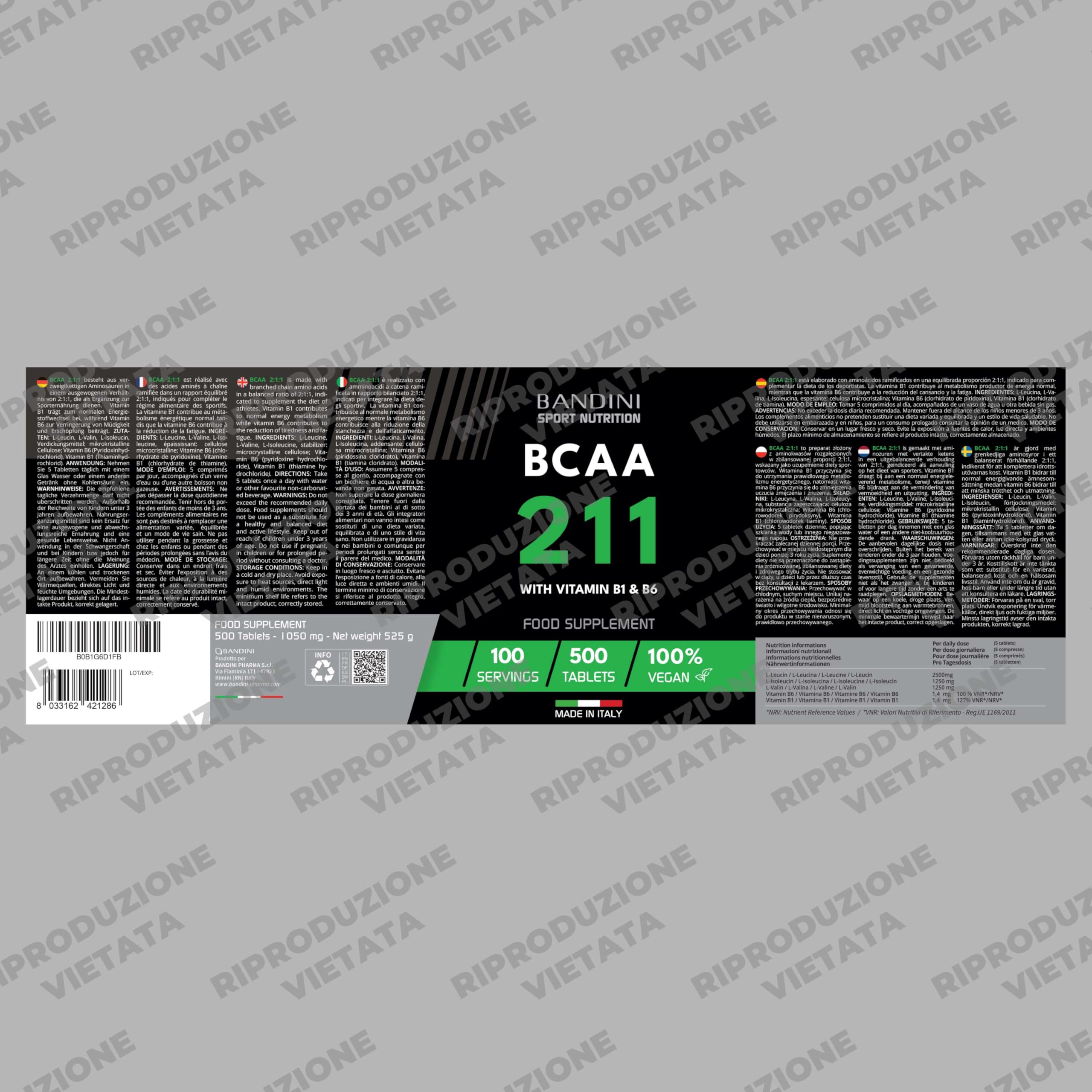 Bandini® AMINOACIDI RAMIFICATI BCAA 211 con Vitamina B1 e B6 | 500 Compresse da 1050mg per il Recupero Muscolare | Amminoacidi 2.1.1 Intra Pre Post Workout | 2:1:1 Per Palestra, Allenamento 100% Vegan