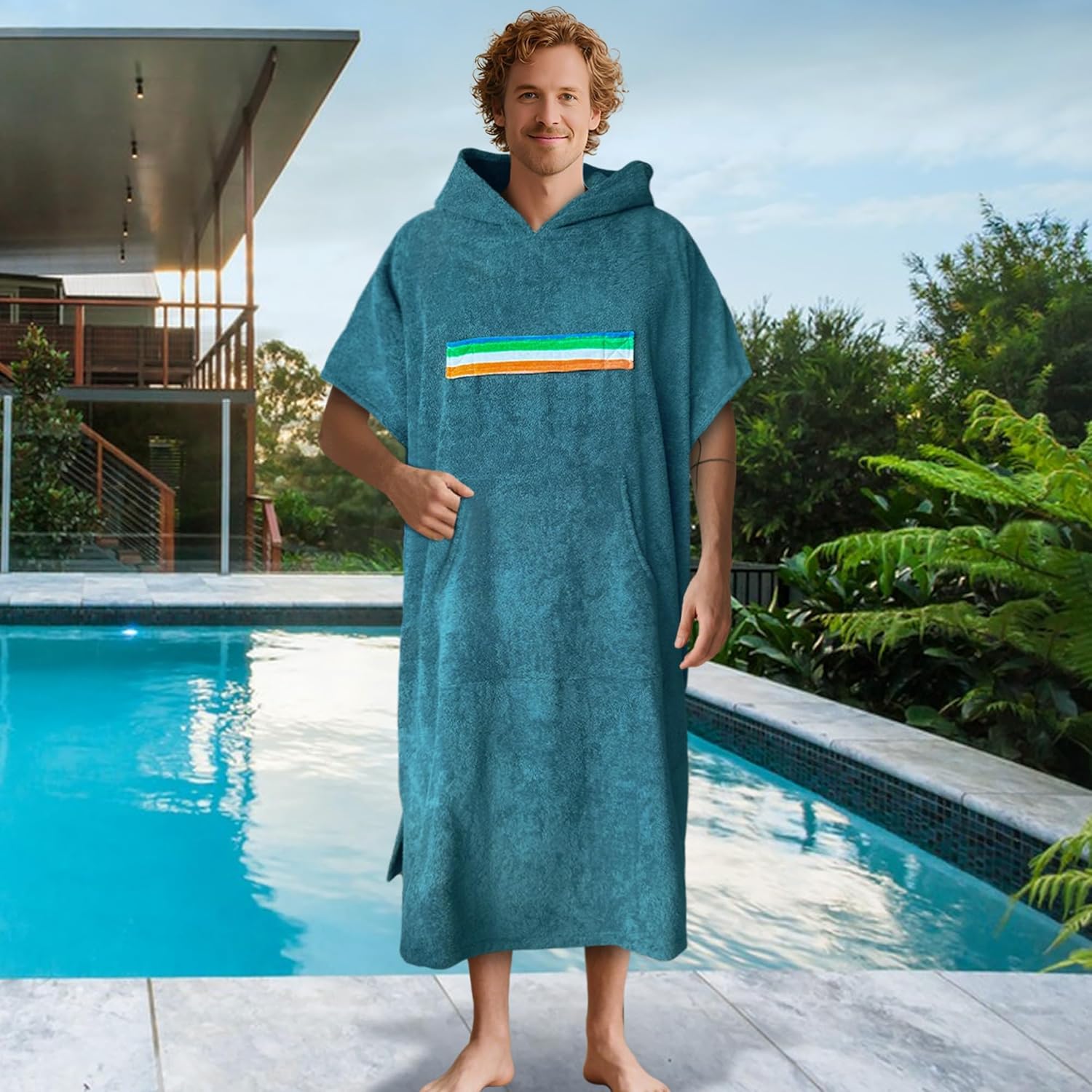 VOOVA & MOVAS Hooded Towel Poncho for Adults | Teens(41"X37"),100% Cotton Terry Cloth | Ultra-Absorbent Oversized Hooded Towel with Pocket for Men | Women Cover-Up for Pool, Beach, Bath | Aqua - Image 6