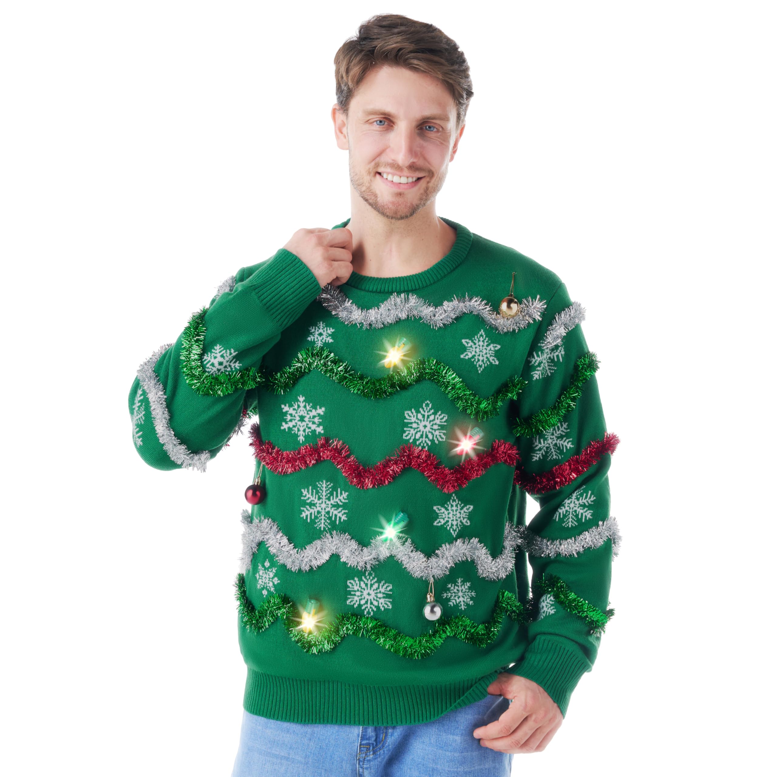 Giggling Getup Suéter feo de Navidad para hombre, suéter feo verde con luz LED, suéter feo de vacaciones para hombre
