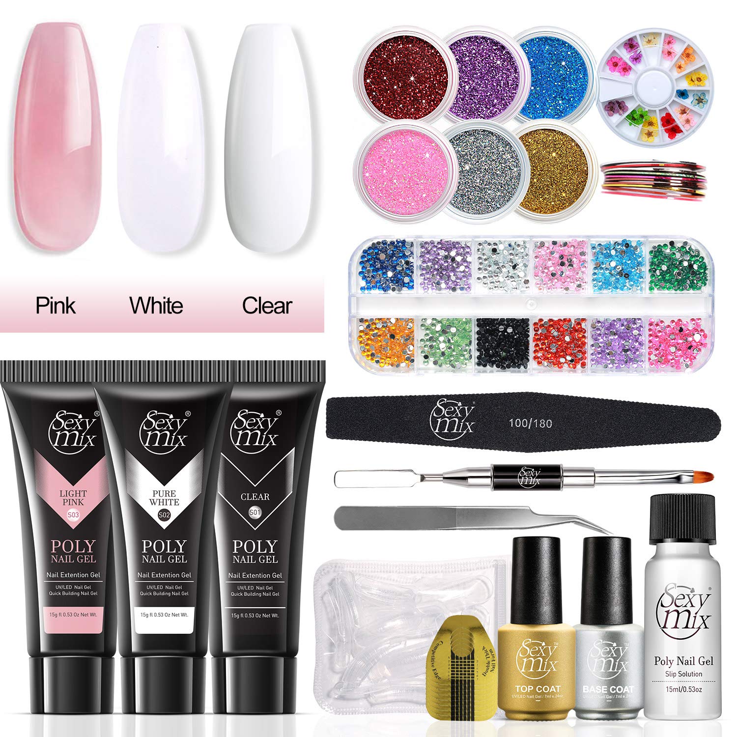 SEXY MIX Poly Nail Gel Kit,Nail Extension Builder Gel Nail Starter Kit with 6 Glitter Powder,Dried Flowers,Nail Diamond,Striping Tape Lines,Slip Solution Nail Art Tools All-in-one Kit
