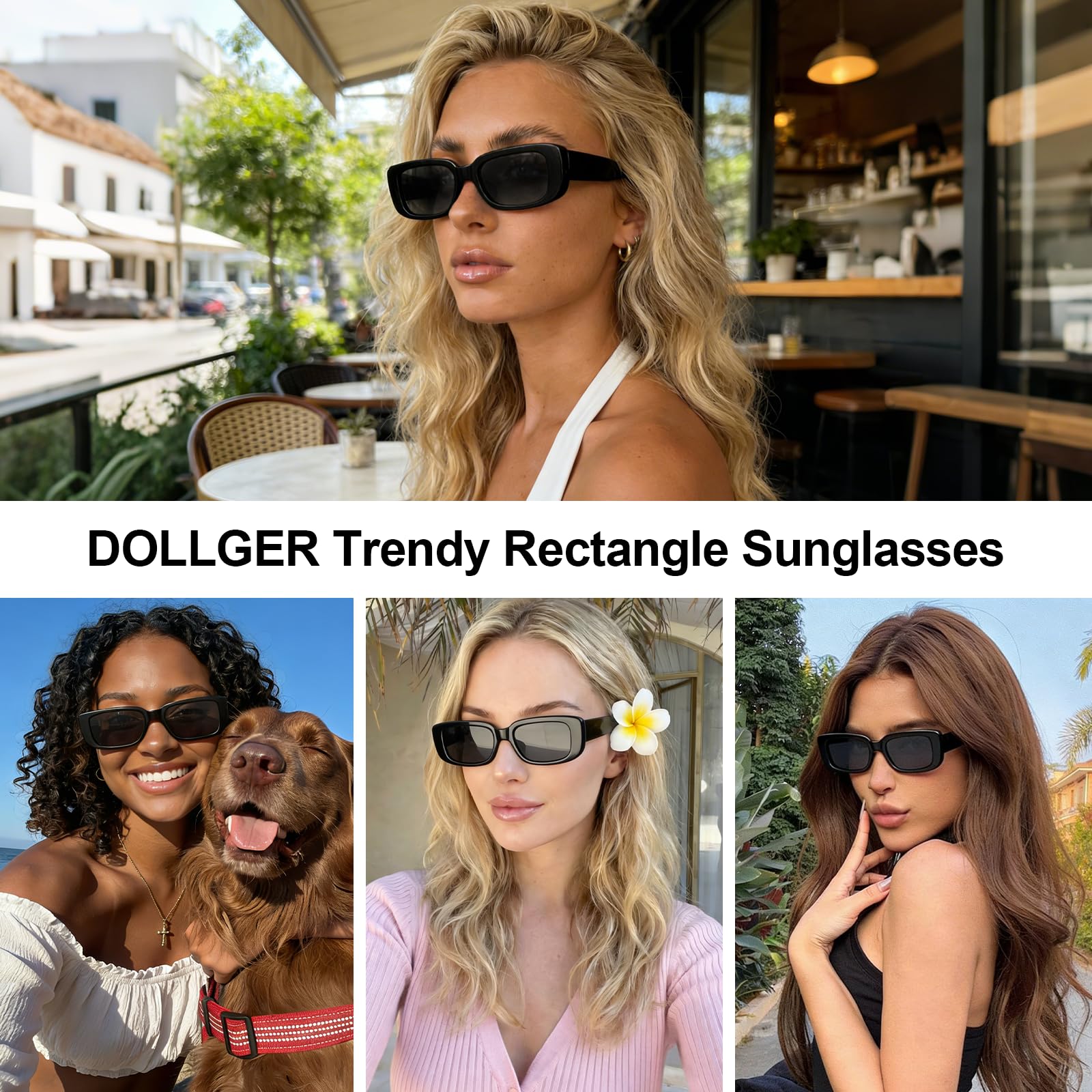 Dollger Rectangle Sunglasses for Women Men Trendy Retro Fashion Sunglasses UV 400 Protection Square Fram: Black