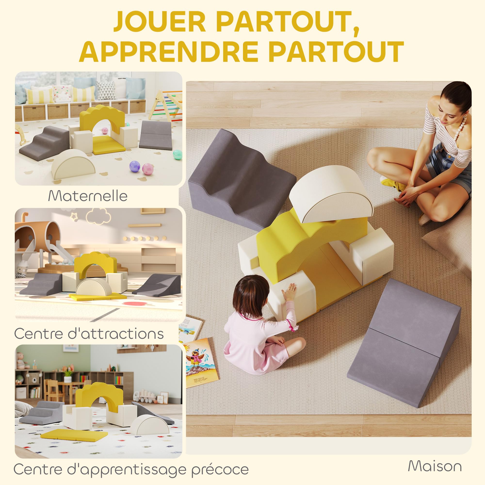 AIYAPLAY Parcours motricité bébé modulable, Blocs Mousse éducatifs, 7 pièces avec Housse Lavable en Velours, Base antidérapante, Jeu de motricité intérieure pour Enfants 6 Mois à 3 Ans, Jaune