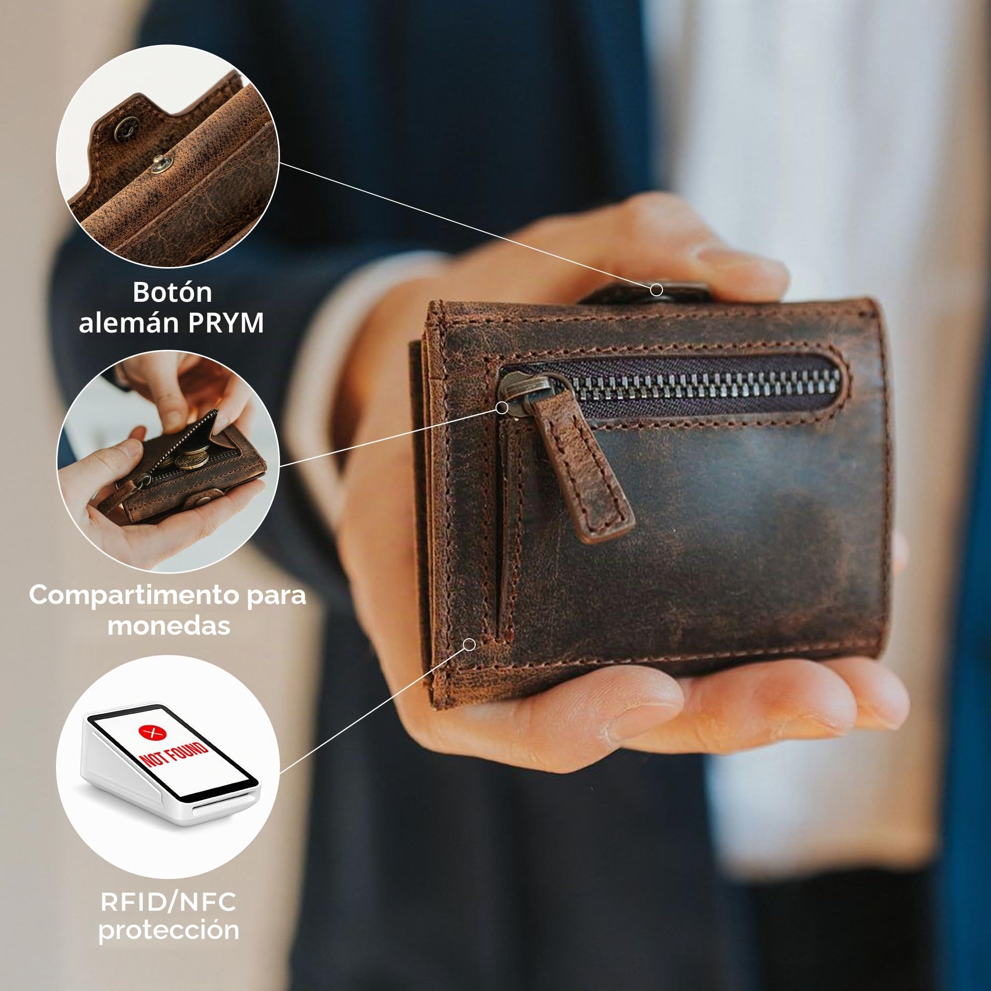 Berliner Bags Hamburg Cartera Mini de Cuero para Hombre con Monedero, RFID | Marrón Billetera De Piel De Búfalo Slim 8 Tarjetas Ventana Dni Ficha Carrito Protección Nfc Estilo Vintage Único Y Elegante