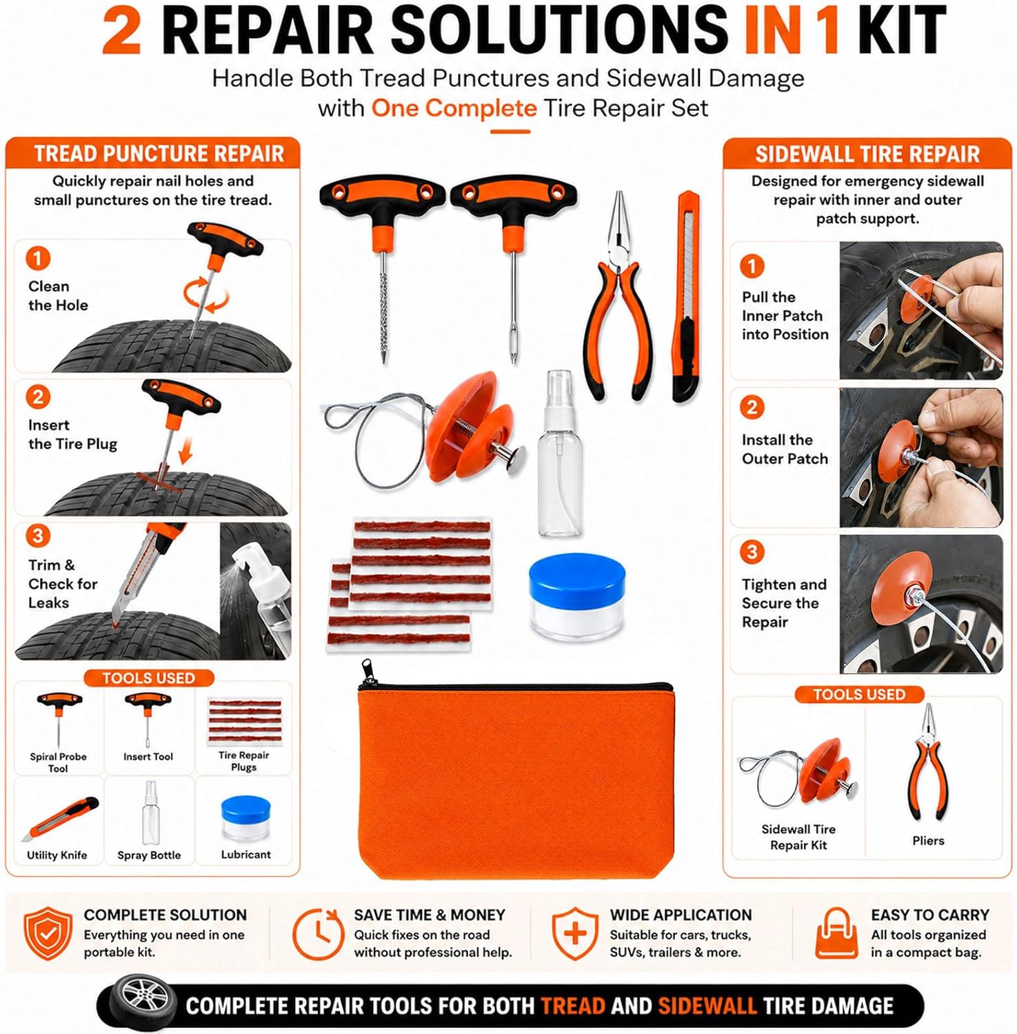 Flat Tire Repair Kit with Plugs 18 Pcs,Heavy Duty Sidewall Tire Repair Patch Tool Kit for Car,Motorcycle,ATV,UTV,SXS,Truck,Tractor,Parches para Llantas De Carro