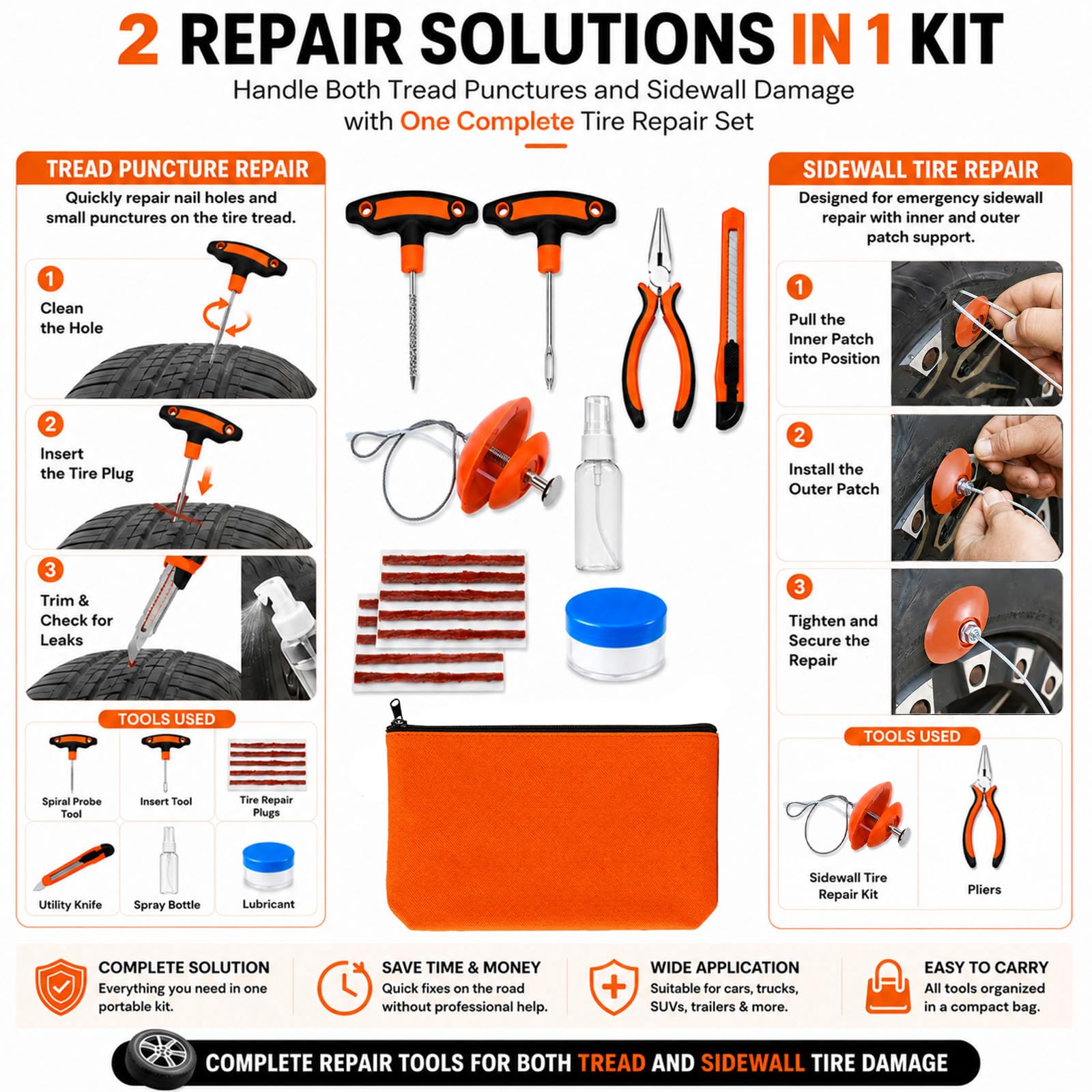 Kit di riparazione pneumatici piatti con tappi, 18 pezzi, kit di riparazione pneumatici laterali resistenti per auto, moto, ATV, UTV, SXS, camion, trattori, parches para Llantas De Carro