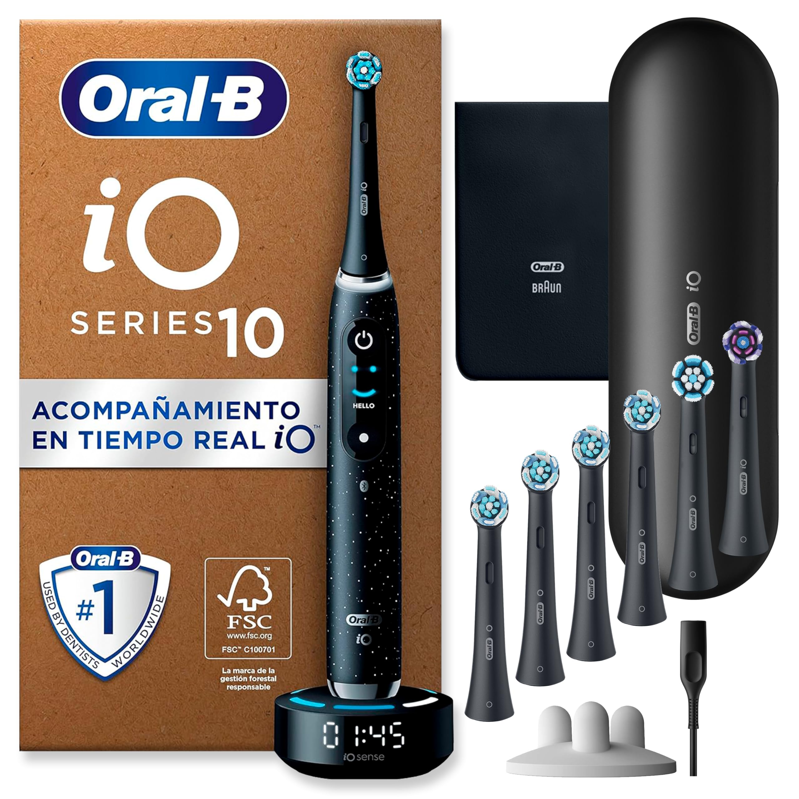 Oral-B iO 10 Cepillo de Dientes Eléctrico con 7 Cabezales, Negro | Cepillo Dental con Estuche Cargador de Viaje, 7 Modos de Cepillado con Blanqueamiento Dental, Recambios Ultimate Clean