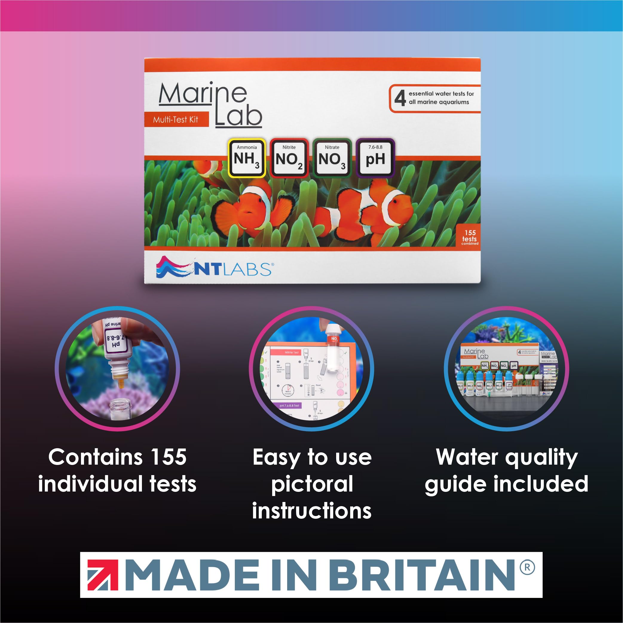 NT Labs Aquarium Lab Multi Test Kit – Test para Acuario Marino 4 en 1 (Amoníaco, Nitrito, Nitrato, pH) hasta 155 Test, Kit Líquido Alta Precisión