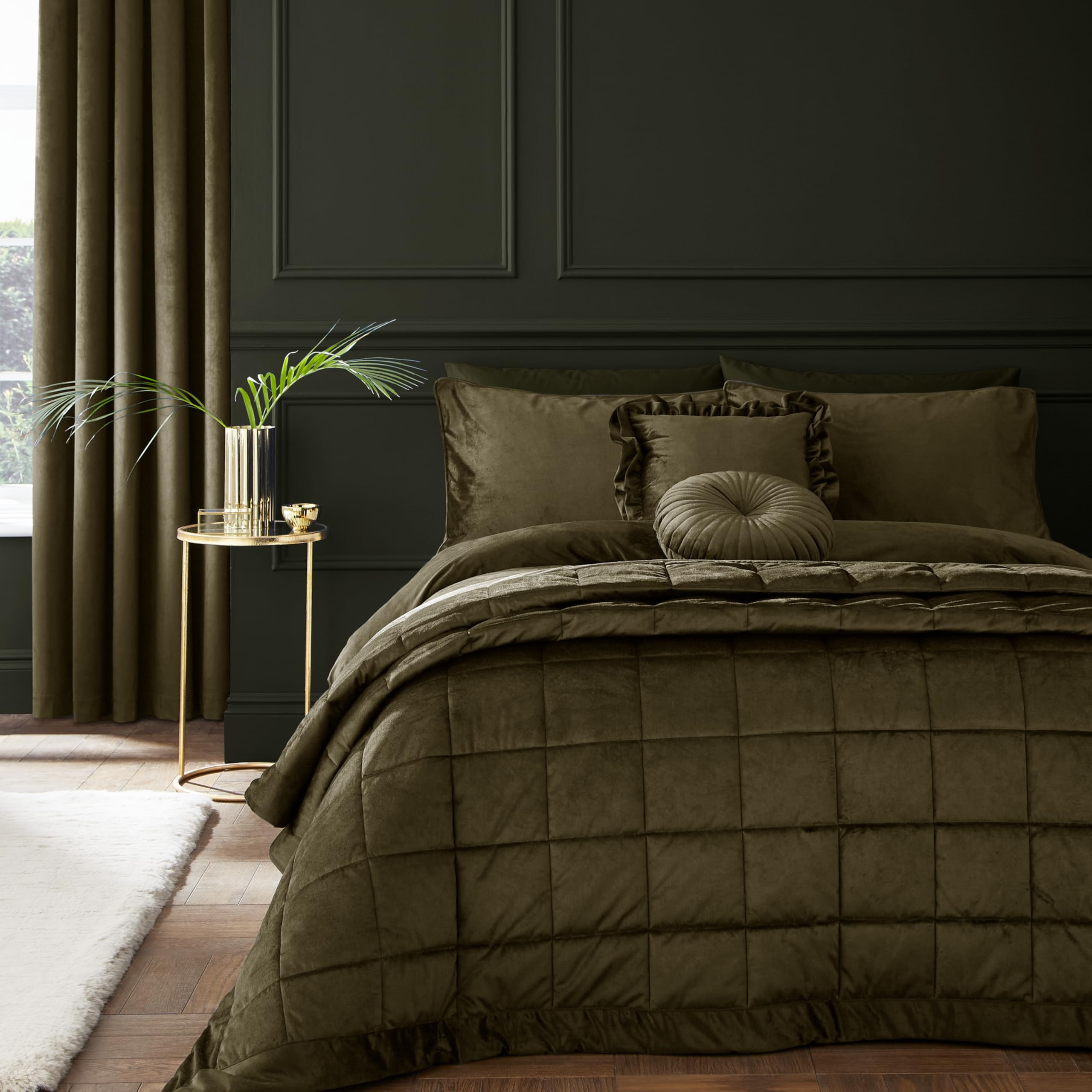 Catherine Lansfield Olive Green Kingsley Matt Velvet Quilted 220X220cm Bedspread