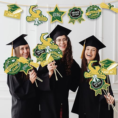 Miniatura 4 de Decoraciones de fiesta de graduación, centros de mesa de graduación verde dorado 2023, 24 unidades, palos de graduación verde, dorado y negro,