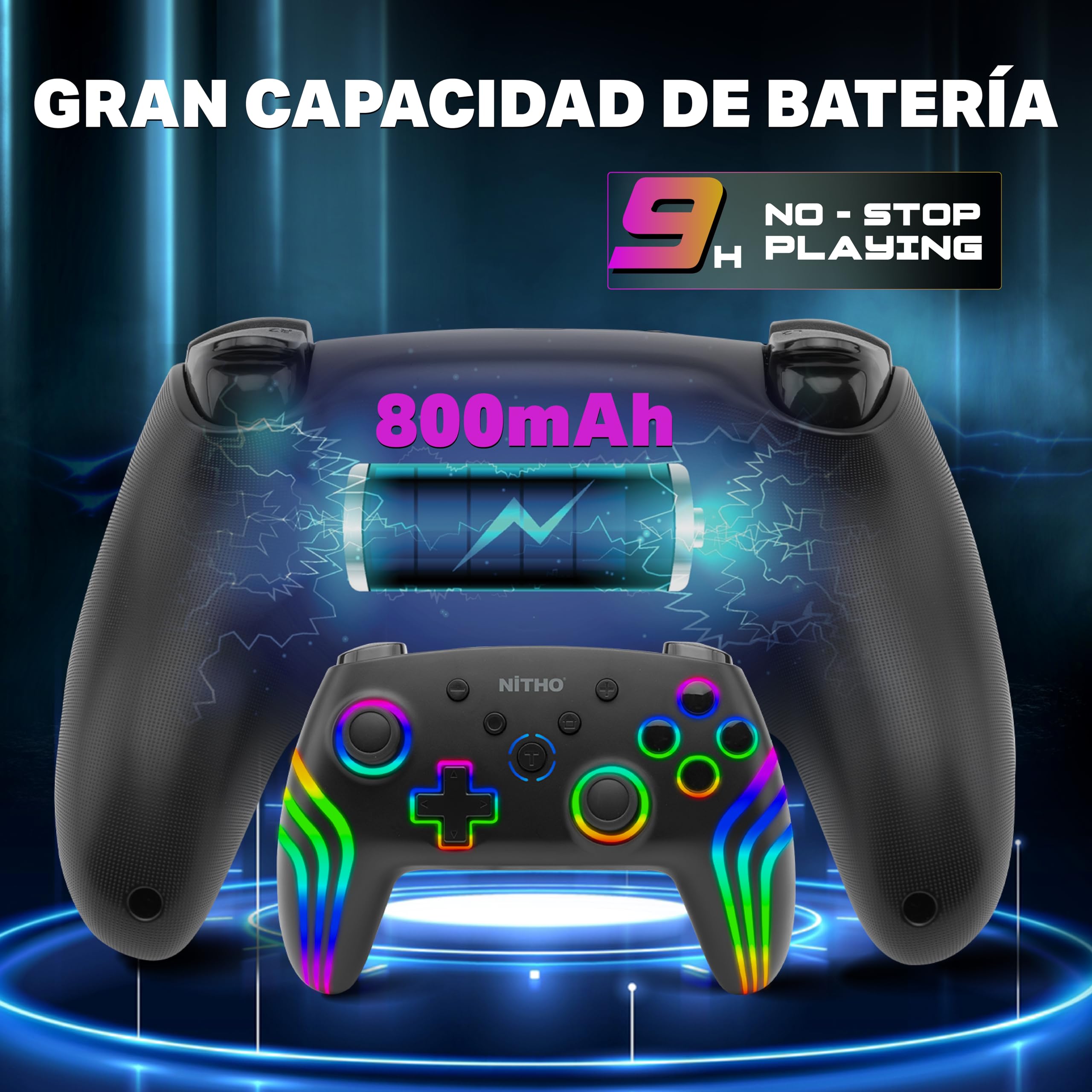 NITHO NEXUS DARK OPS Mando Inalámbrico Compatible con Switch/Switch 2/PC/Android/iOS, Gamepad con Giroscopio de 6 Ejes, Luz LED RGB, Vibración Dual, Turbo, Joystick con Diseño Ergonómico - Negro