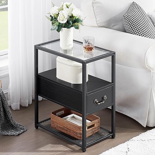 VECELO Mesa auxiliar alta para sala de estar mesita de noche estrecha moderna con cajón para dormitorio oficina sofá color negro