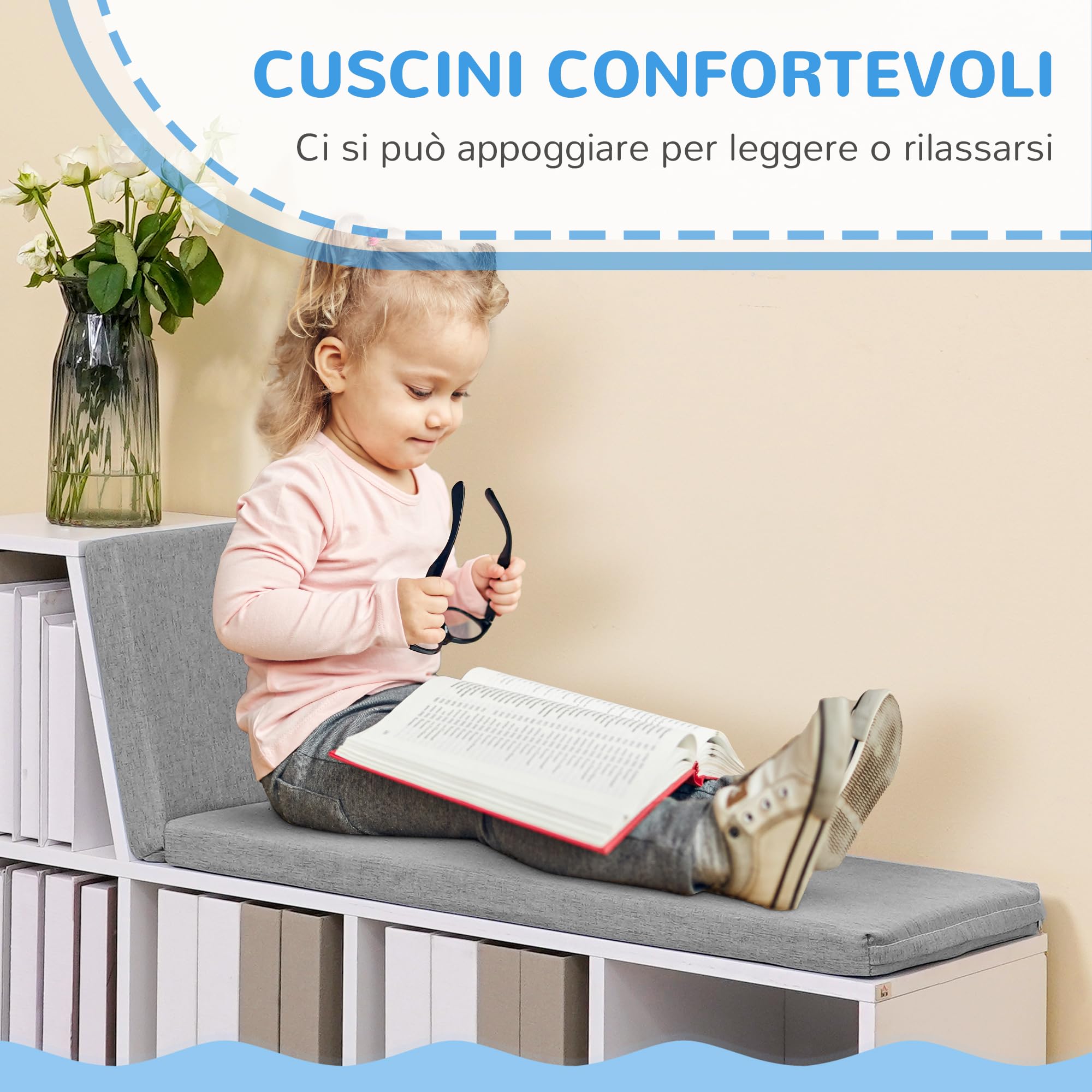 HOMCOM Libreria Scaffale con 5 Ripiani Aperti, 2 Cuscini, Grigio Bianco | Mobile Libreria Salvaspazio a Cubi, Scaffale Portaoggetti, per Soggiorno, Camera da Letto, Ufficio