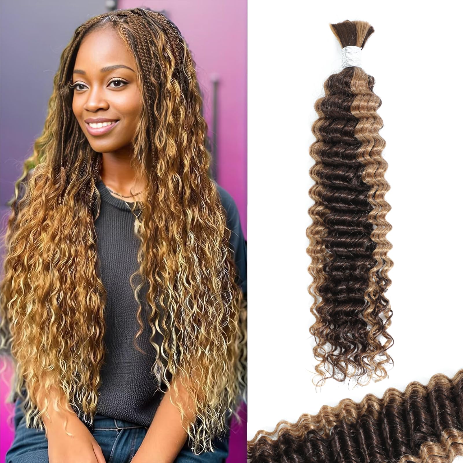 Humistwbiu Human Braiding Hair Highlight Water Wave Bulk Human Hair 10A Brazilian Braiding Hair for Boho Braids1 Bundle 100g (P4/27-22 Inch)