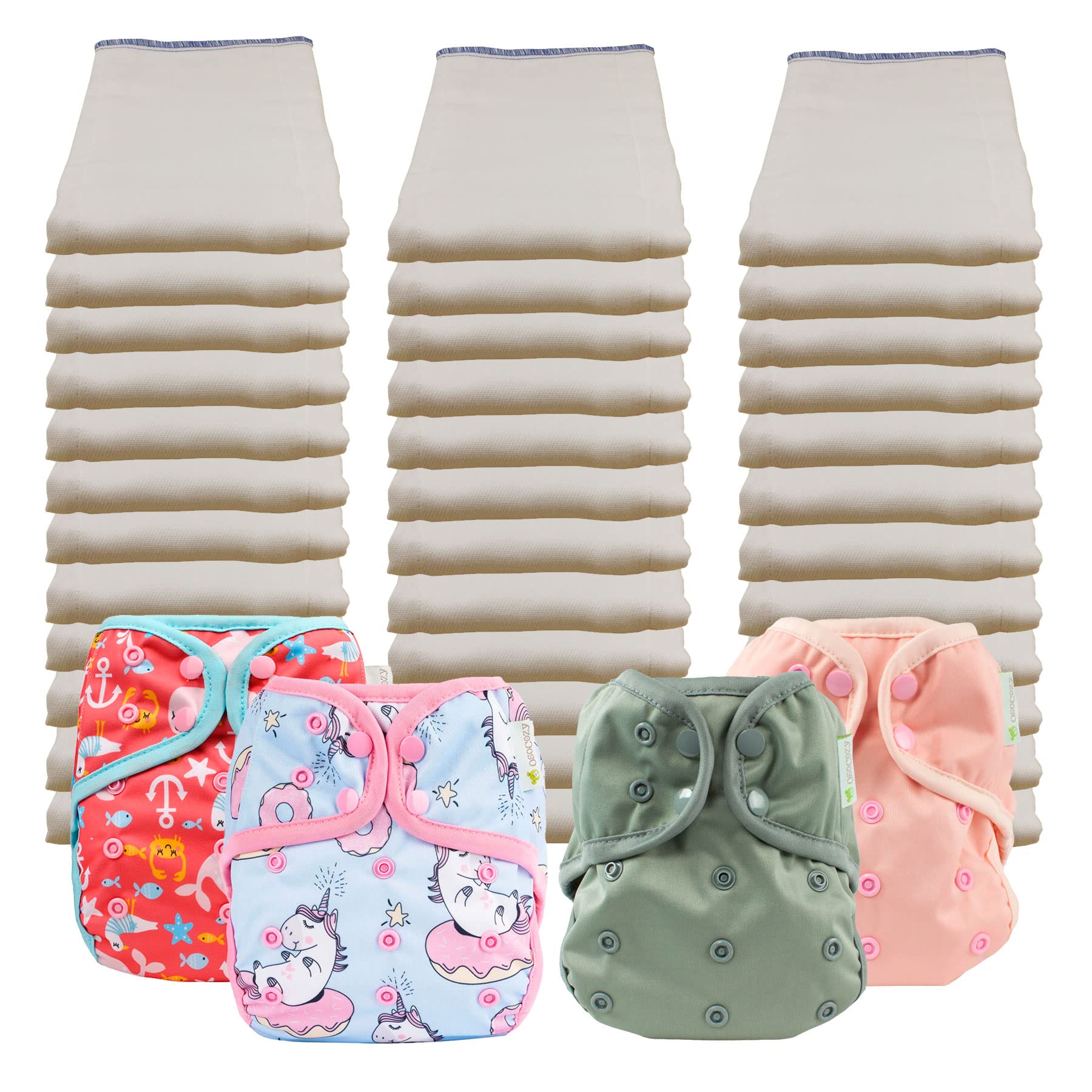 OsoCozy Economy Prefold Cloth Diaper Package - 3 Dozen Regular 4x6x4 Unbleached 100% Cotton Prefold Diapers (7-15 lbs) & 4 One-Size Diaper Covers (1 Pewter, 1 Unicorn. 1 Sealife, 1 Pink)