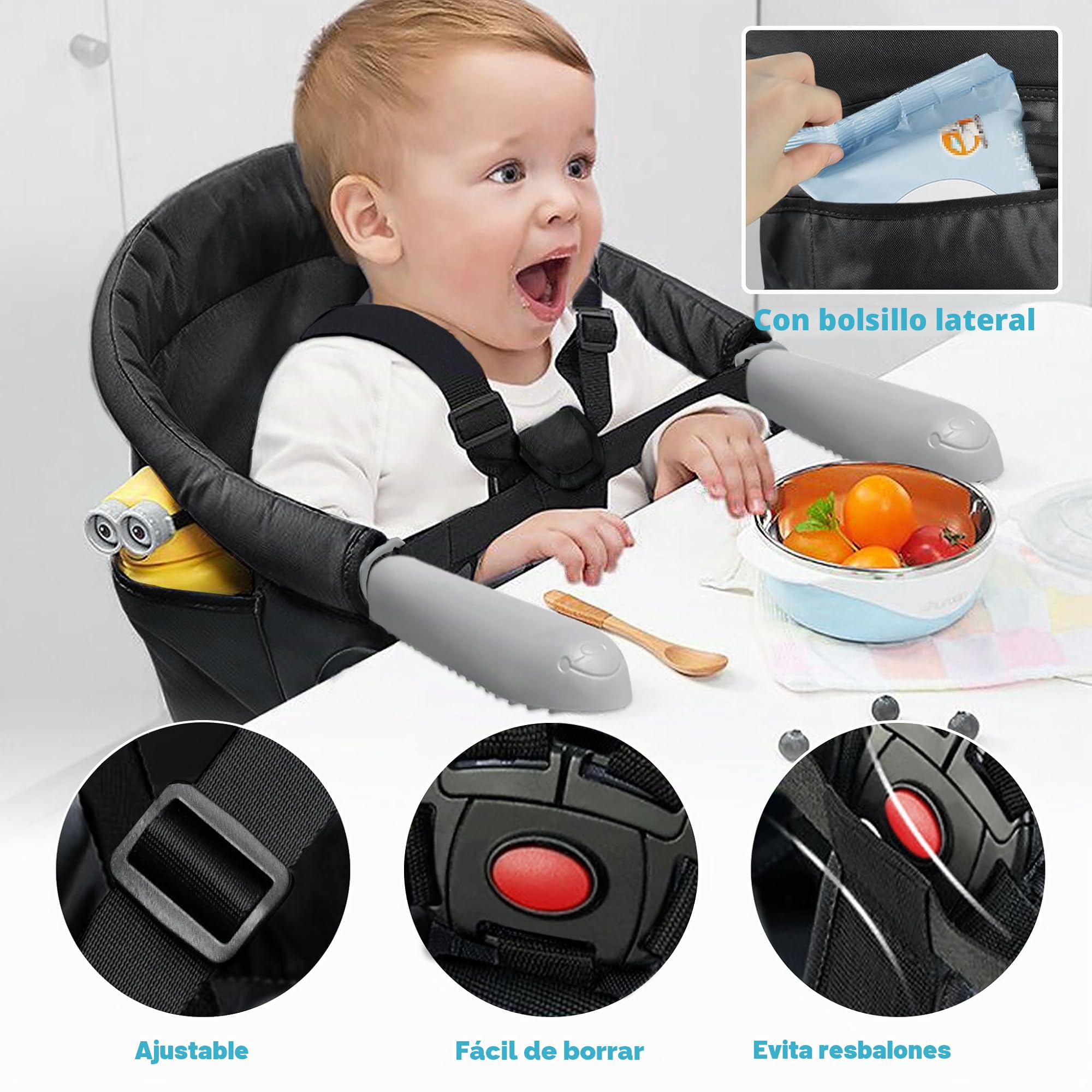 UISEBRT Asiento de mesa plegable para bebé, silla elevadora para bebé, con pinzas antideslizantes y cinturón de seguridad, trona portátil para niños y viajes, color negro