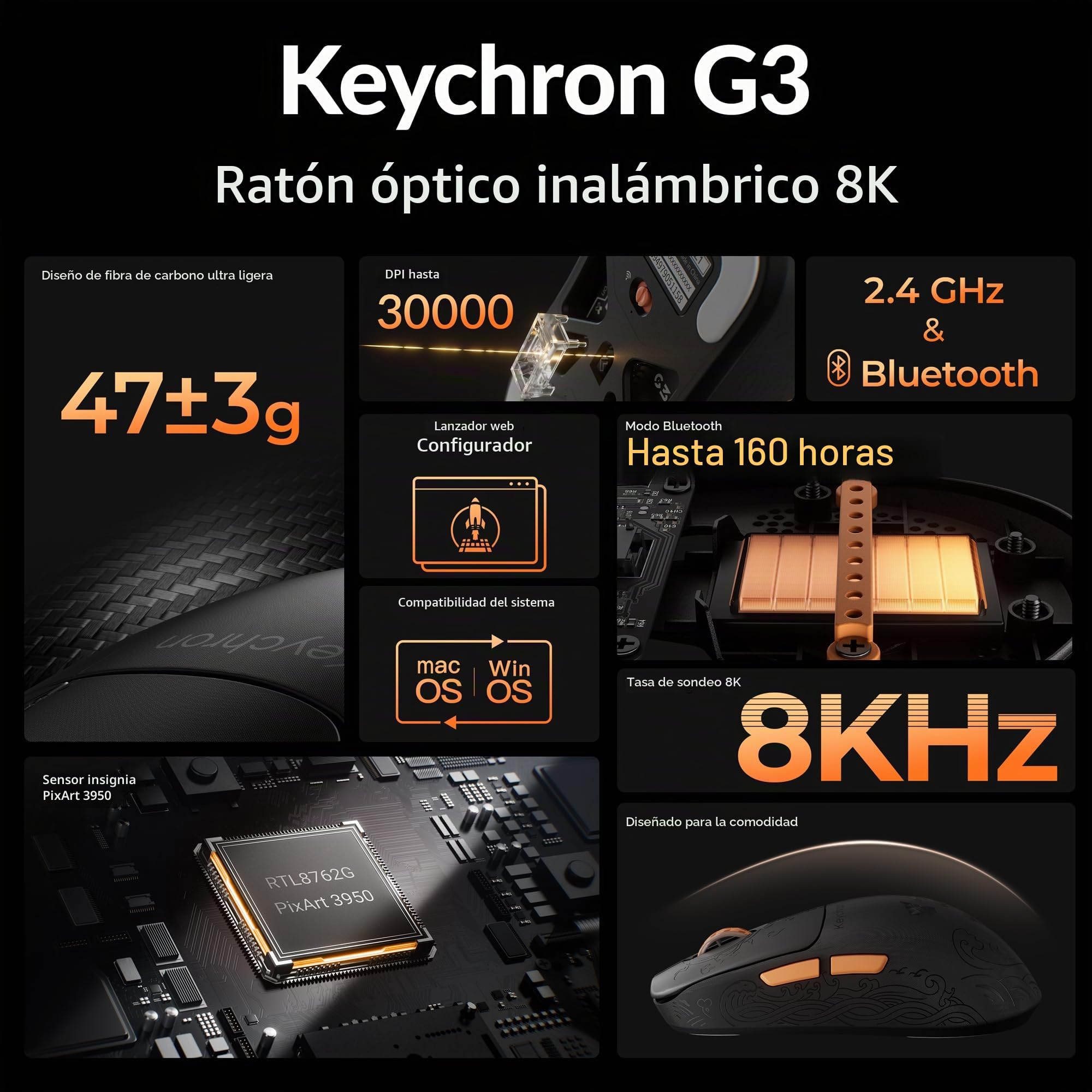 Keychron G3 8K Ratón Gaming de Fibra de Carbono, 44g Ultraligero, 2.4 GHz/BT 5.3/USB-C, PixArt 3950, 8000 Hz Polling Rate, 30 000 dpi, 5 Botones Programables, Ratón Inalámbrico para Esports y FPS
