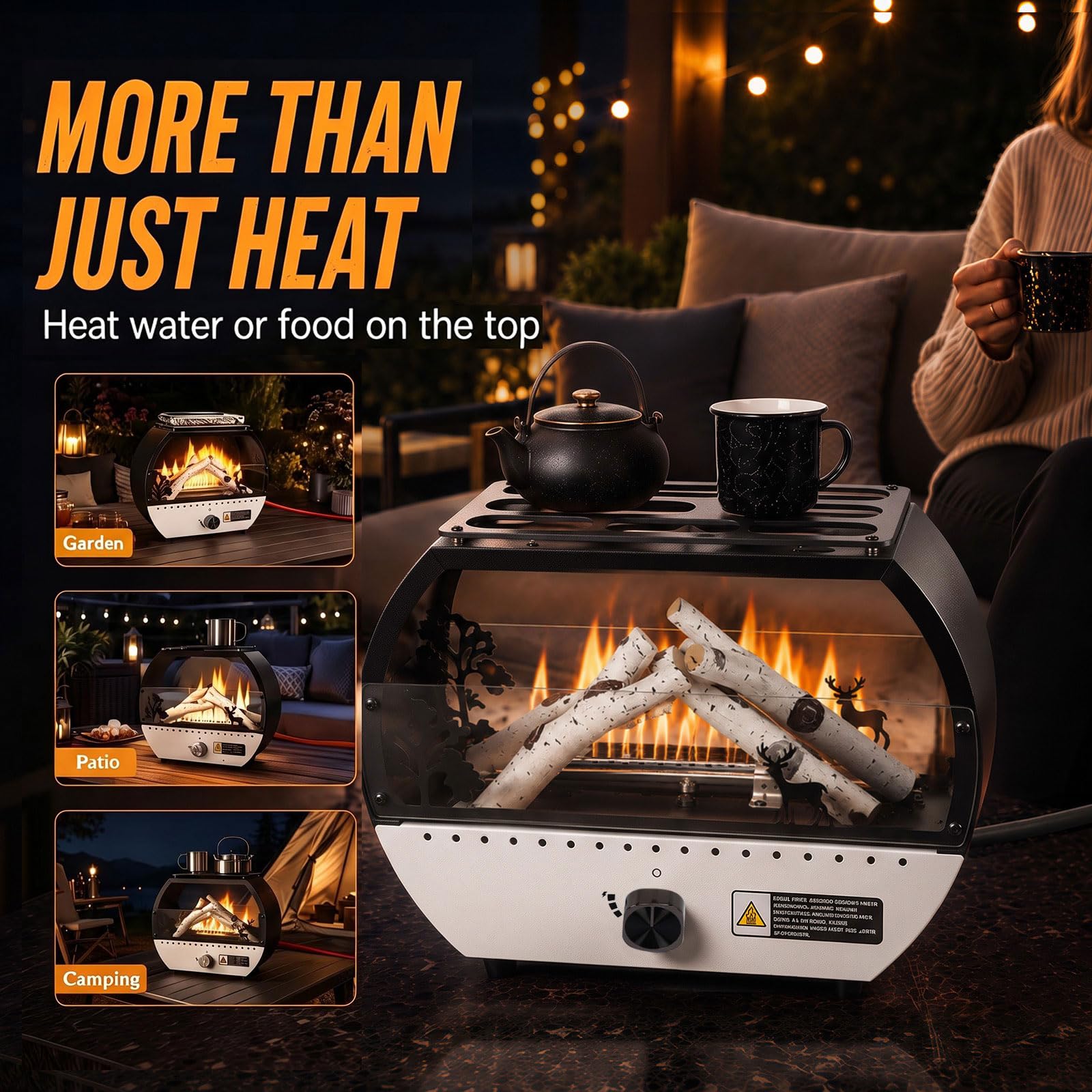 GFTIME Tragbare Gasheizung 10000 BTU, Outdoor Camping Heizer mit dekorativem Flammeneffekt, Gas Feuerstelle mit Grillplatte, Kippschutz & Flammenschutz, für 1 lb und 20 lb Gasflaschen, Schwarz