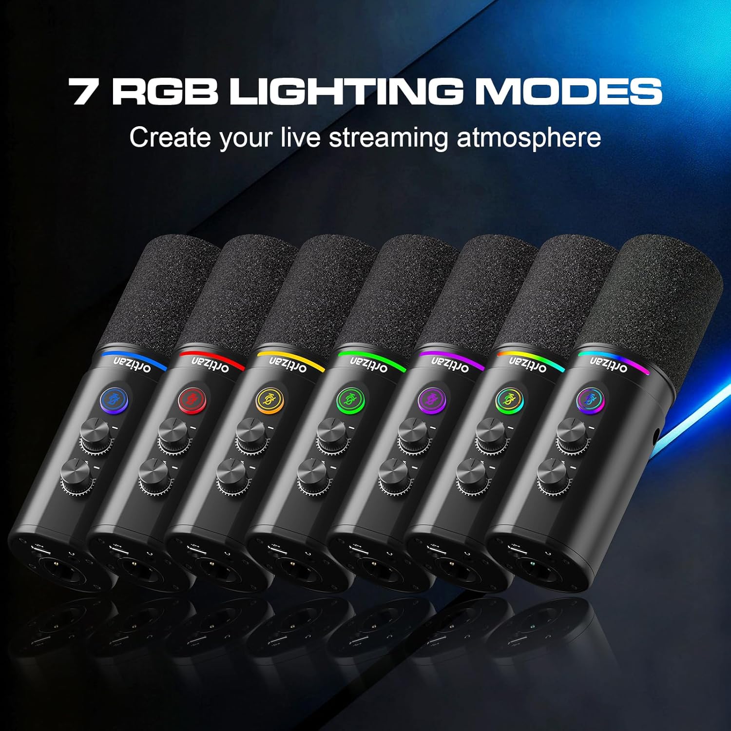 Multiple Ortizan D1 microphones displaying 7 different RGB lighting modes.