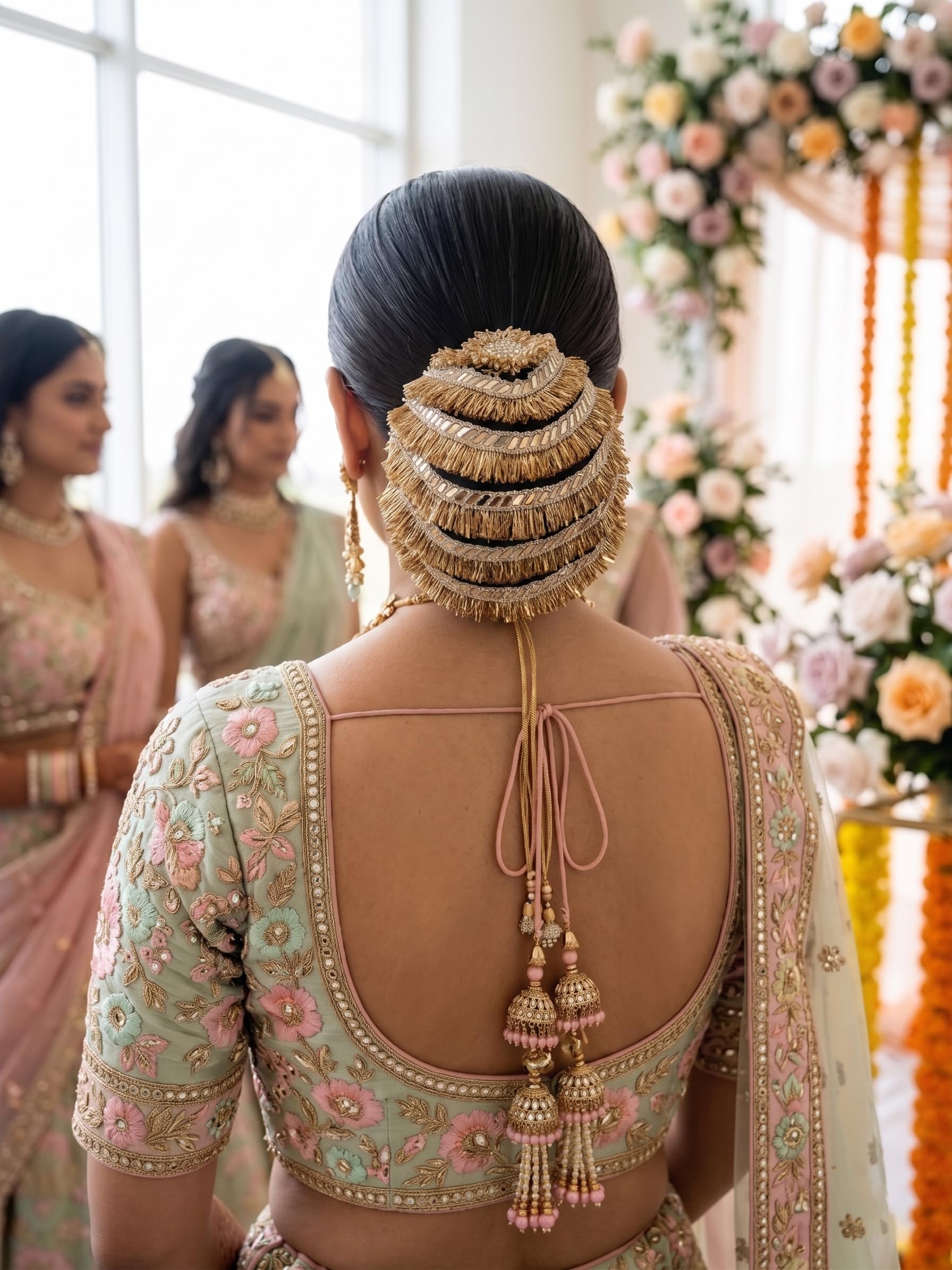 Handcrafted Less Work Bun Cover for Women, Brown, Silver and Gold, Teardrop Mirror, Pearls Embellished, Wedding Traditional Indian Hair Accessory (Silver-golden)-image-15