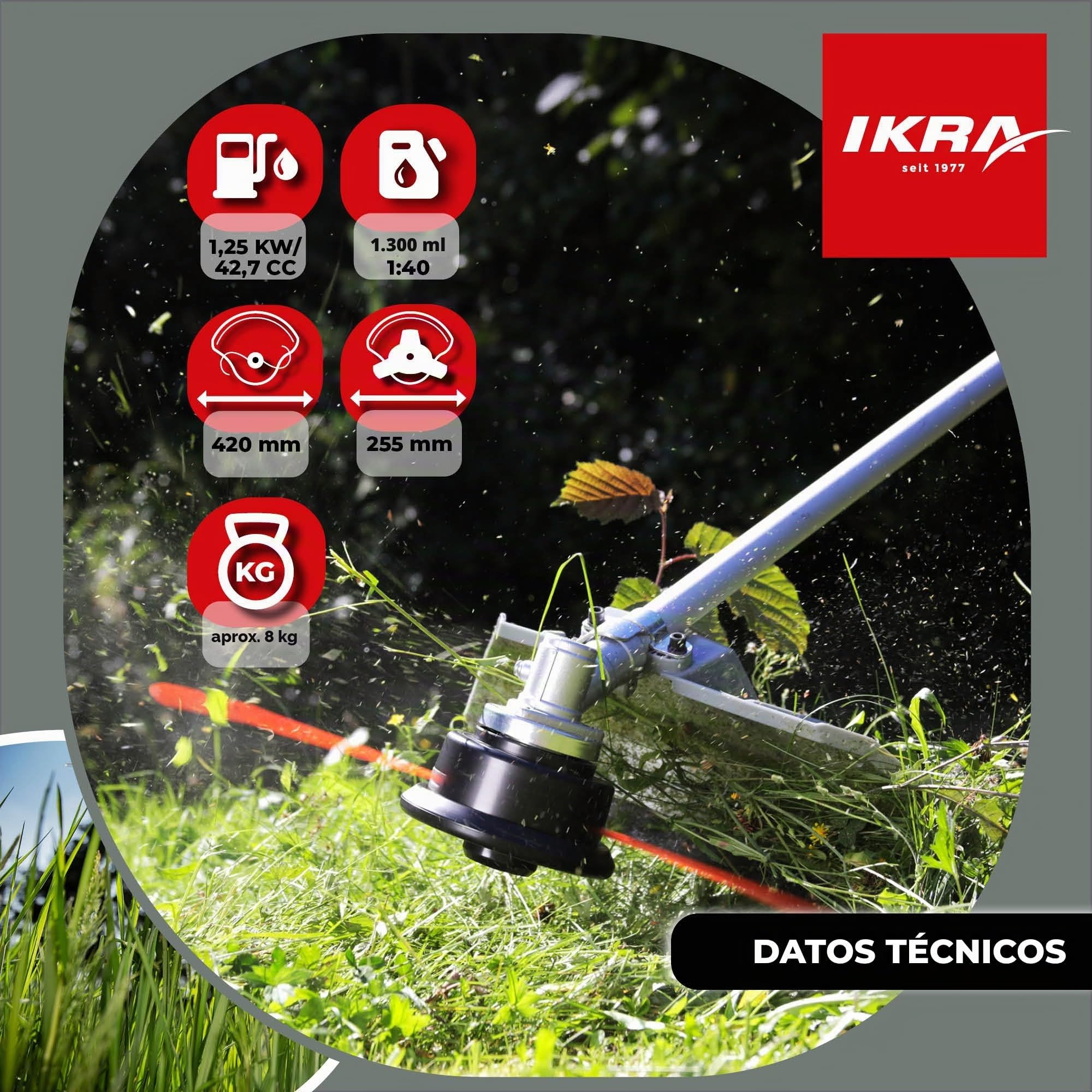 IKRA desbrozadora de gasolina IBF 4342, incluye bobina y cuchilla | 42,7 cm³, 1,25 kW, motor de 2 tiempos, sistema de arranque fácil, empuñadura tipo bicicleta, mango de aluminio divisible