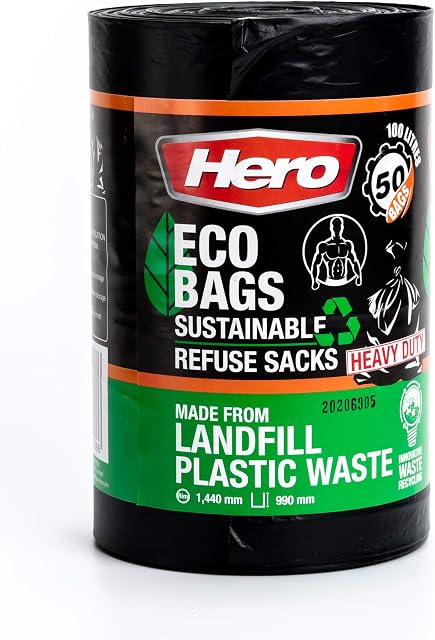 Hero Eco Recycled Strong Black Bin Liners - 100L Heavy Duty Refuse Sacks - 50 Large Bin Bags per Roll - Made from recycled landfill waste