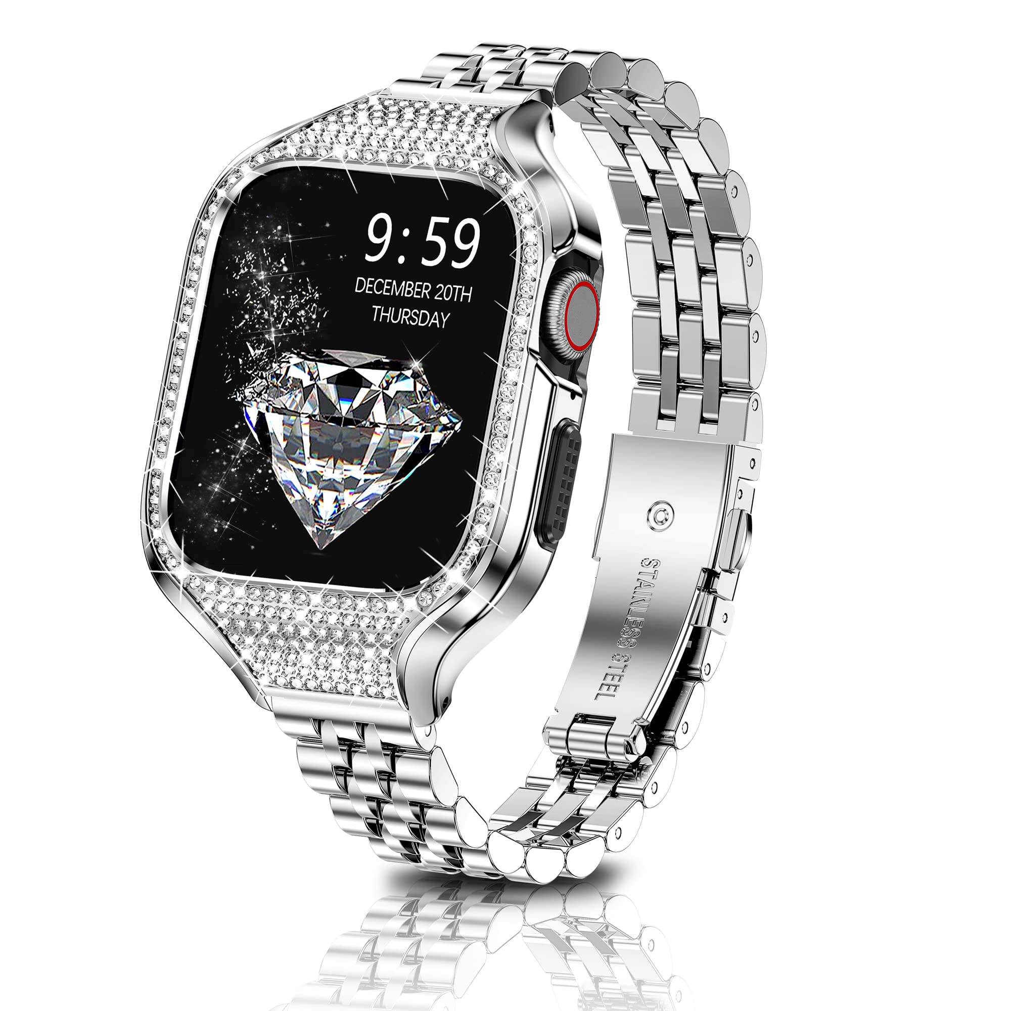 Bling Metal Case with Band Compatible Apple Watch Bands Series 8 7(41mm), Series SE 6 5 4(40mm), Stainless steel Women dressy Replacement band and Rhinestone Cover for iWatch