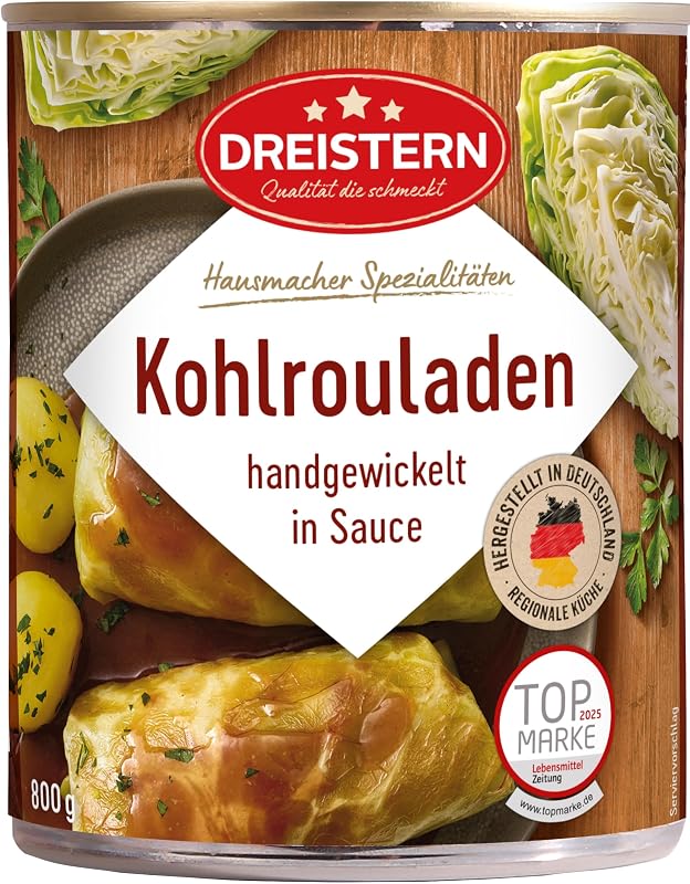 DREISTERN Kohlrouladen 800g – 2 handgewickelte Krautwickel mit würziger Fleischfüllung in Sauce – Hausmacher Fertiggericht, lange haltbar & schnell zubereitet
