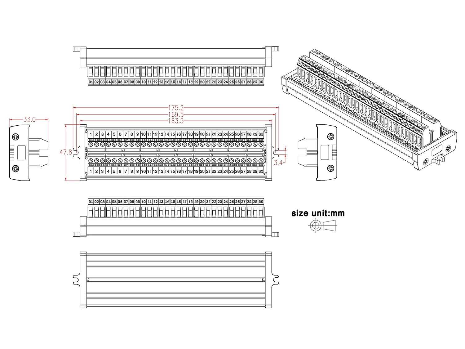 Screw Mount 24A/400V 30 Position Screw Terminal Block Distribution Module