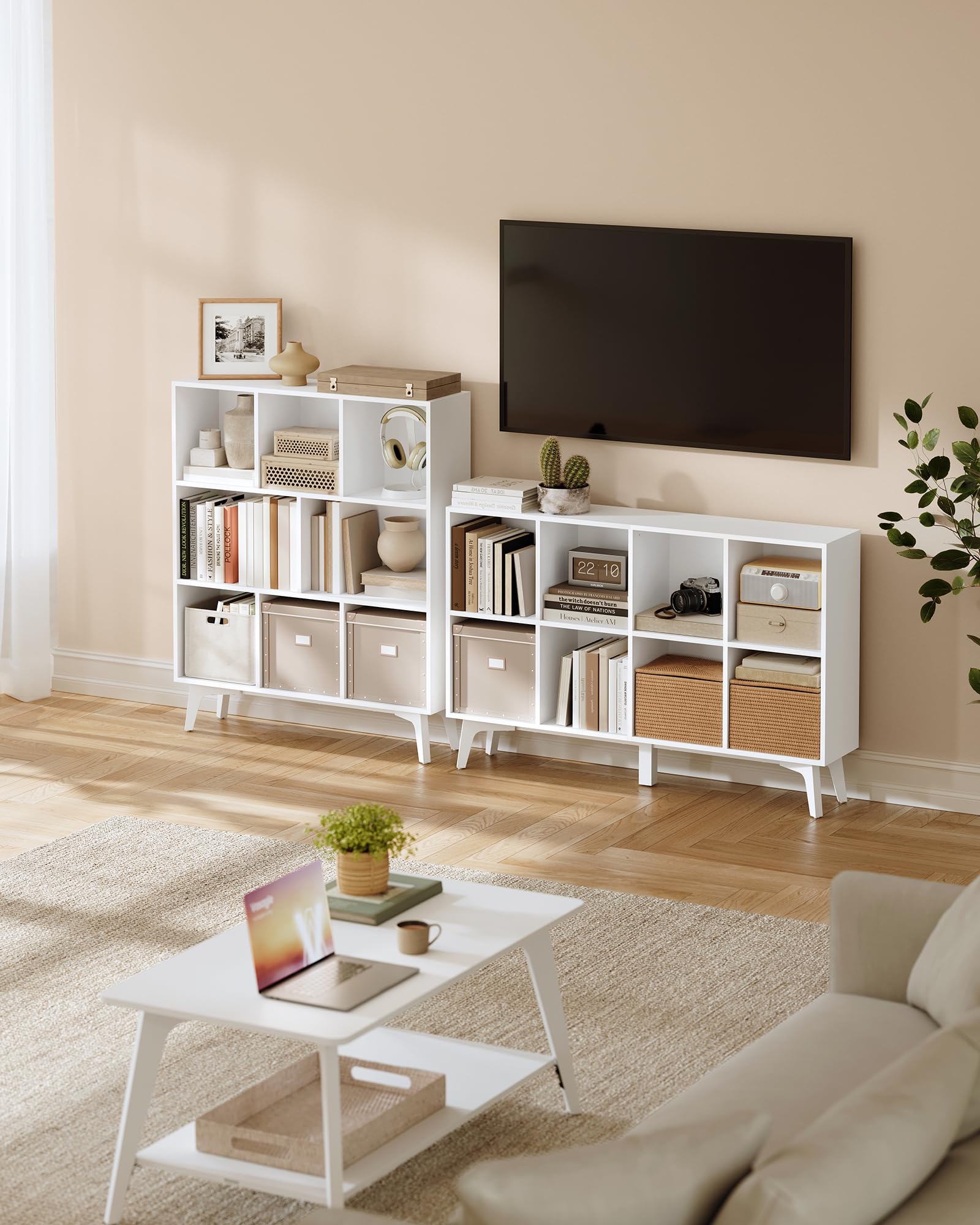 VASAGLE MAEZO kolekcja regał na książki, regał na książki, regał na kostki z 8 przegródkami, organizer do salonu, gabinetu, jadalni, 24 x 90 x 107 cm, biała chmurka LBC191WB01