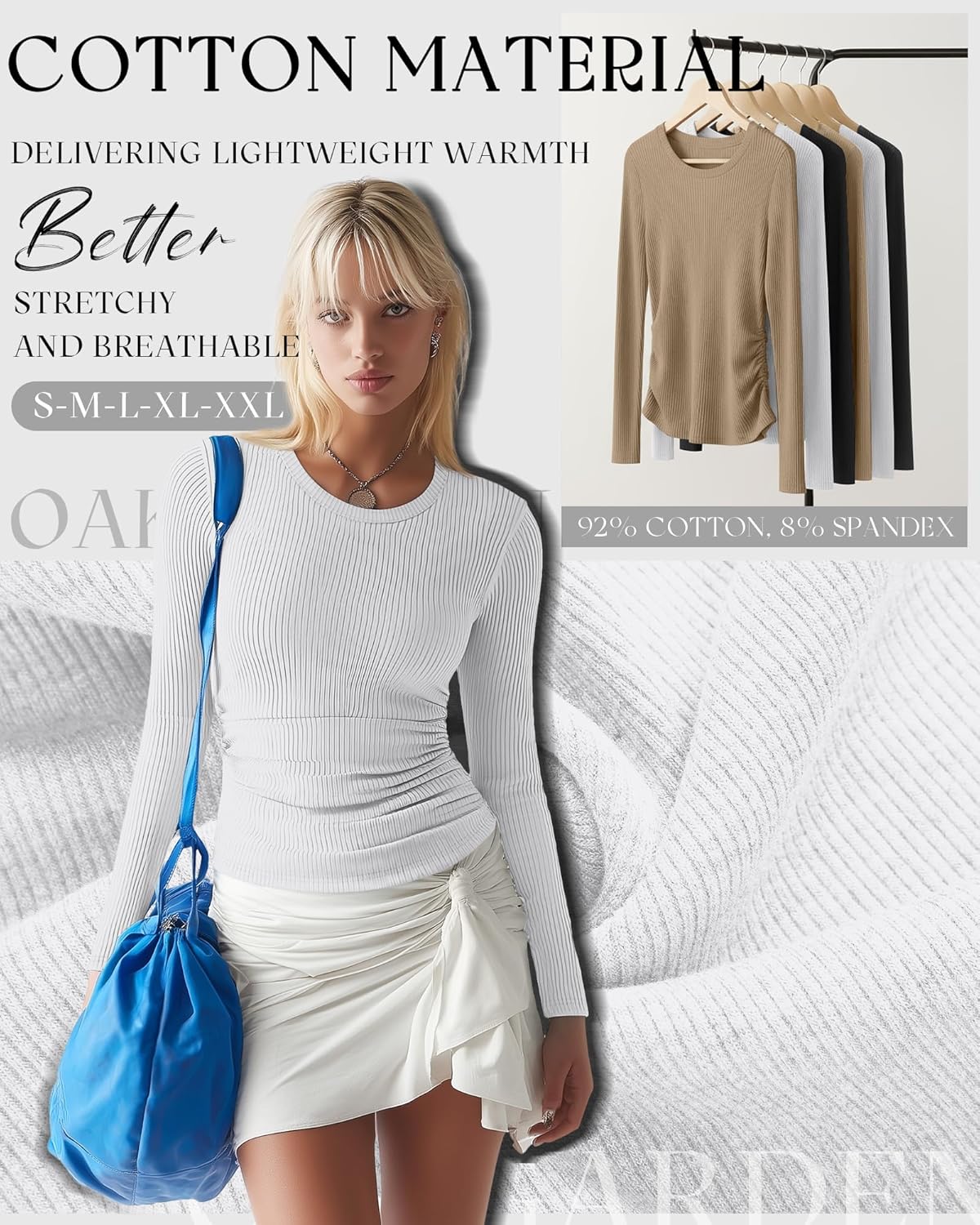 3 Pack Women's Ribbed Long Sleeve Shirts Cotton Crew Neck Ribbed Tops Ruched Slim Fit Undershirts Casual Basic Tee - Image 3