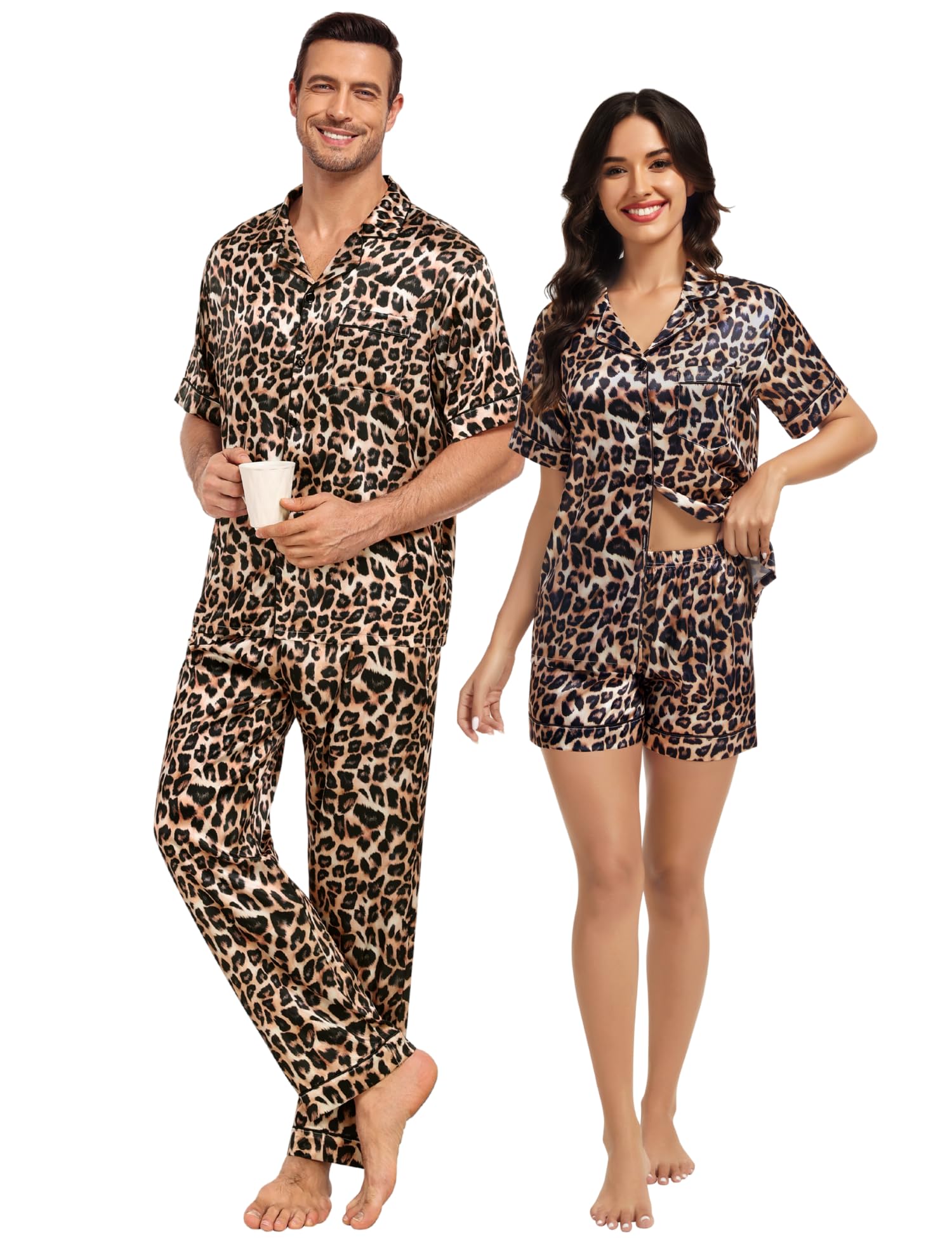 swomog Matching Pajamas for Couples Satin Short Sleeve Sleepwear Women/Men Silk Soft Button Down Nightwear 2 Pcs Loungewear-picture-55