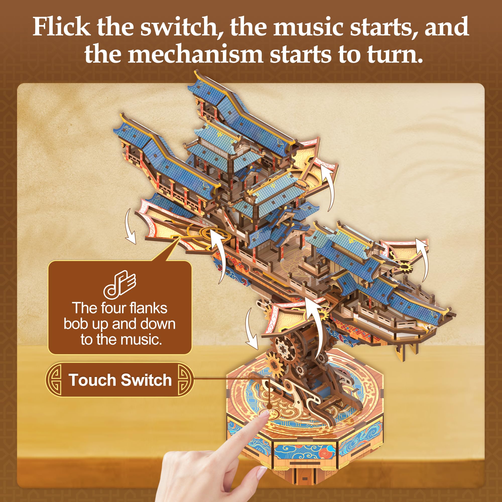 Tonecheer Puzzle en Bois 3D pour Adultes - Kit de modélisation de Bateau en Bois DIY avec dirigeable Musical Fantaisie et Composants Mobiles et Structure de Transmission comme idée（Voyageur du Vent）