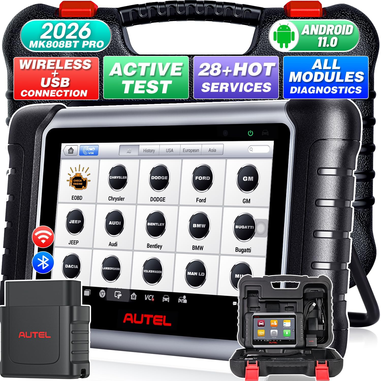 Autel MaxiCOM MK808BT Pro, 2026 3K+ Bidireccional, 2.0 Inalámbrico de MK808 MK808S MK900, 4G+64G 2.4G & 5G WiFi, 28+ Reinicios, OBD2 Diagnosis Coche Sistema Todo, Codificación Inyectores, Apoyo BT506