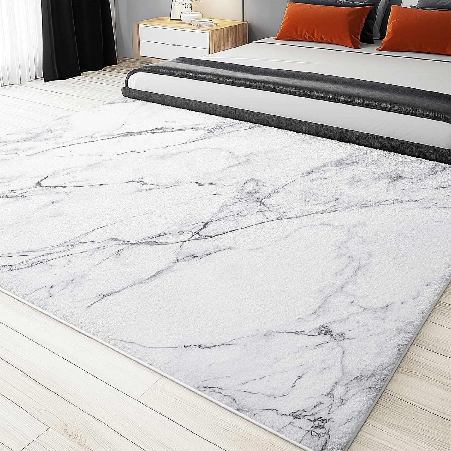 Motif Noir Tapis 150x210 cm Marbre Blanc Moquette Antiderapant à Poils Courts Tapis 3D Lavable en Machine Convient aux Grands Salons Salles à Manger et Chambres b-2027