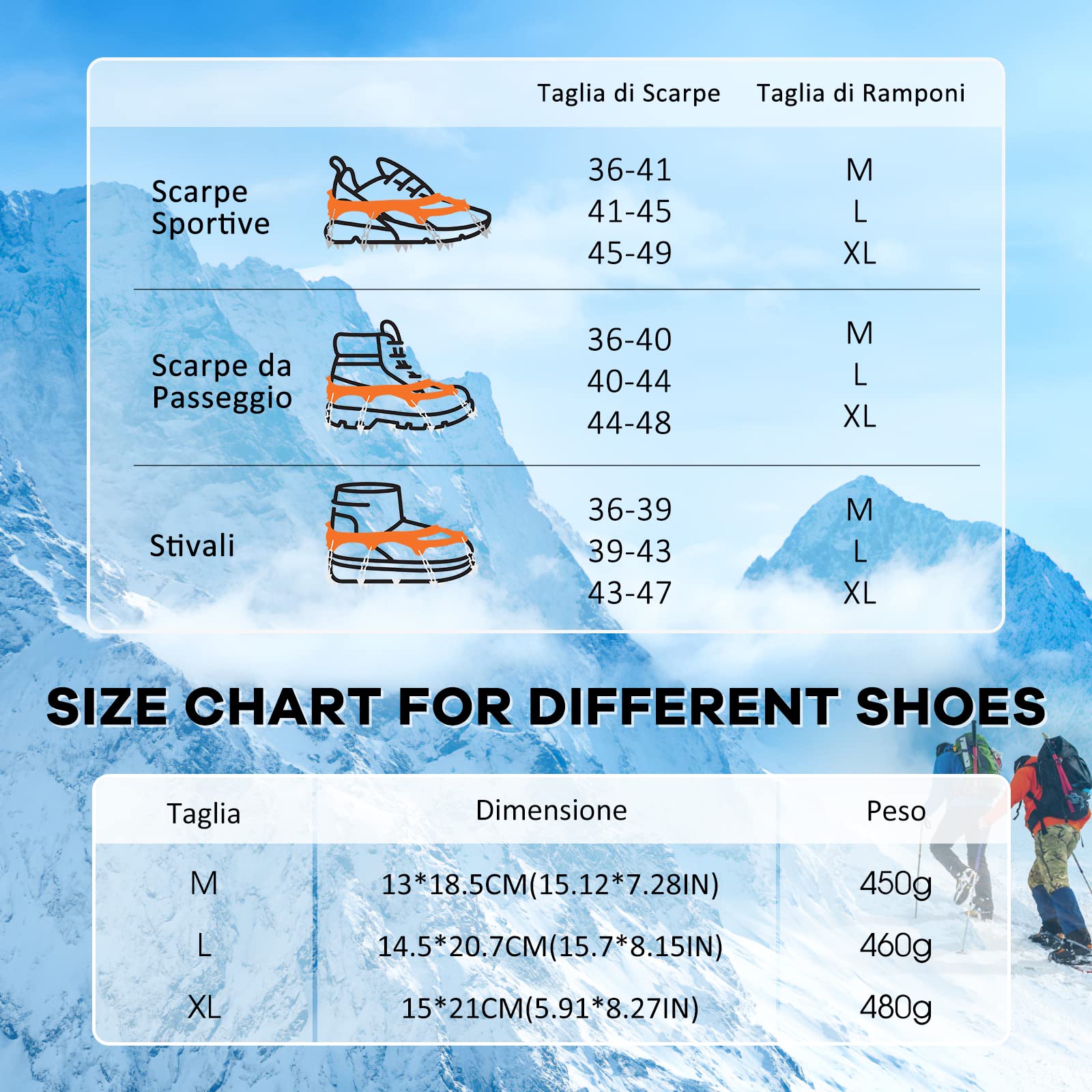 AGPTEK Ice Tacchetti 19 Denti, Ramponi da Ghiaccio per Scarpe Portabile Neve Ramponi per Donna e Uomo con Ottimo Grip per Passeggiate, Jogging o Escursioni Camping su Neve e Ghiaccio