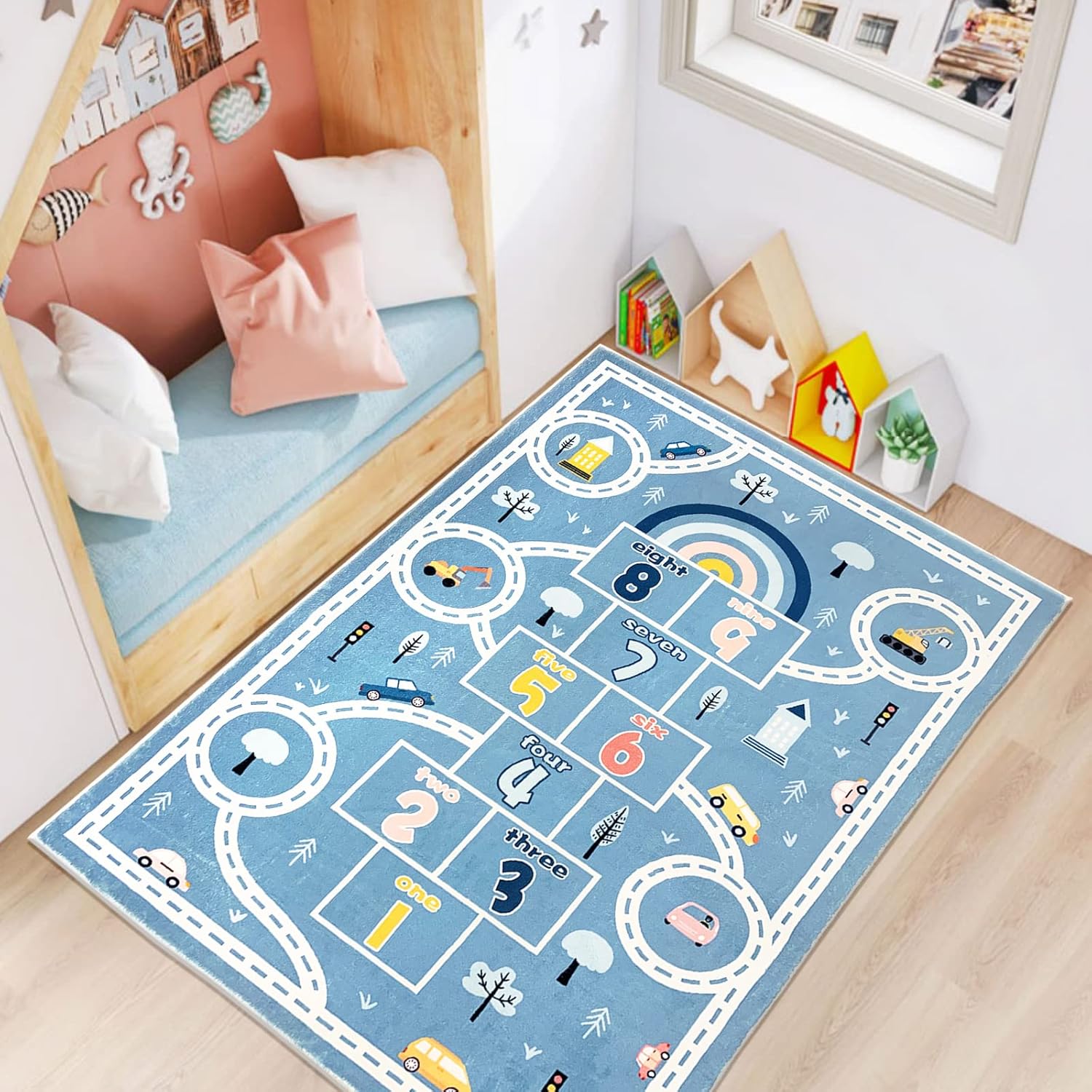 Abeigoi Kids Play Rug Mat 3.3x5Ft Large Hopscotch Rug Vehicle Car Rug for Kids Boys