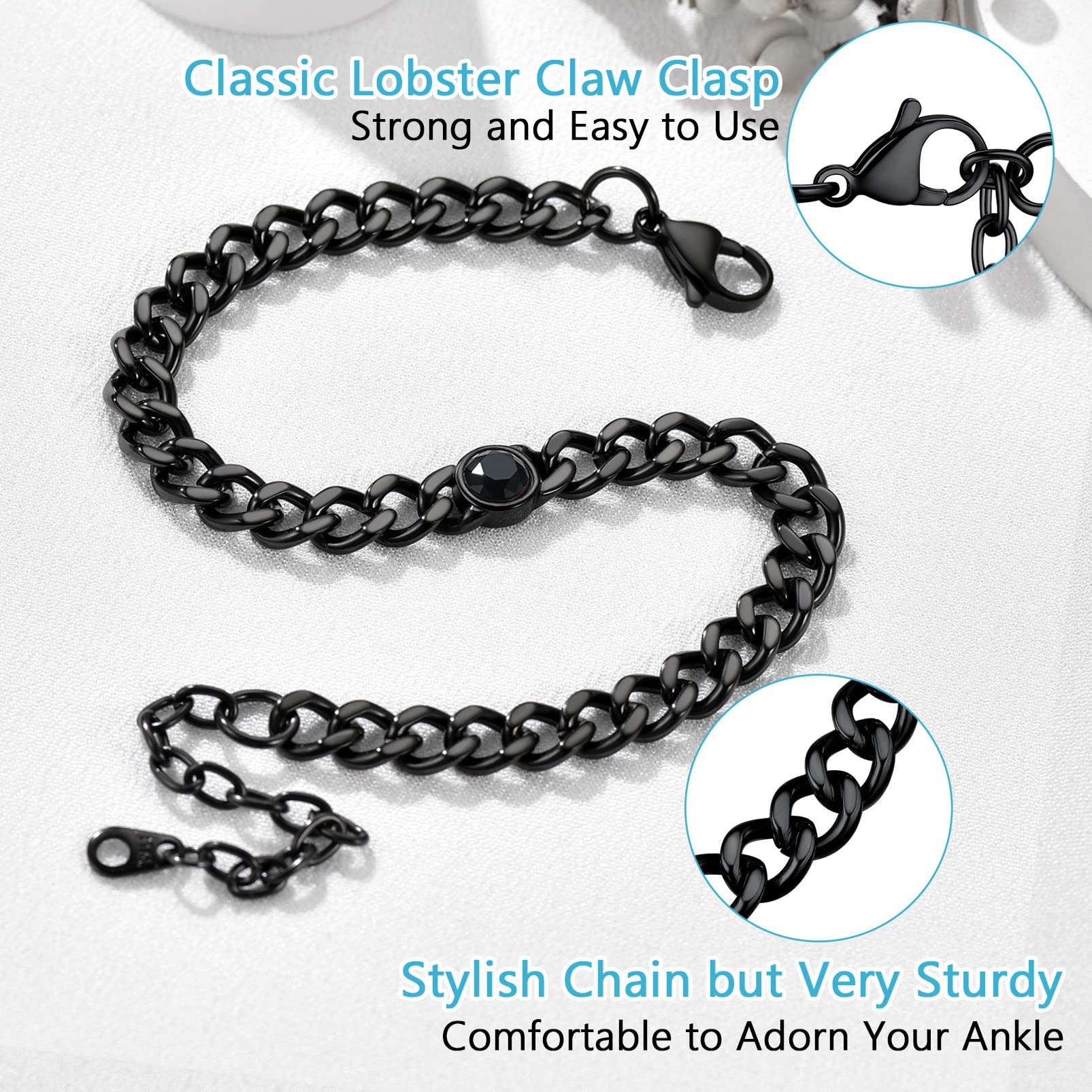 PROSTEEL Personalizable Pulsera Tobillo de Mujer Tobilleras Cubanas Grandes 7mm Ancho 22cm Largo con 5 cm Alargador, Brazalete Pie con Cristales para Nacimiento