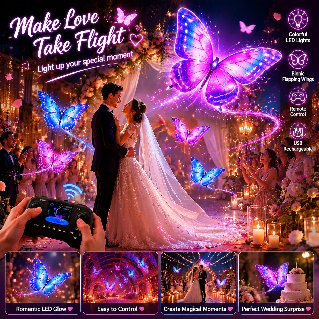 Drone ornitottero bionico a farfalla con illuminazione a LED 3 batterie giocattolo volante con ali bioniche battenti e telaio in fibra di carbonio fatto a mano per feste matrimoni e hobby(Purple)
