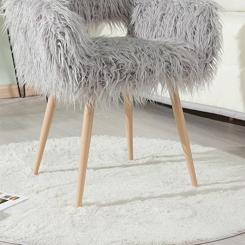 Miniatura 6 de SSLine Silla de tocador de piel sintética, elegante silla de escritorio de maquillaje de pelo blanco para niñas y mujeres, moderna y cómoda silla