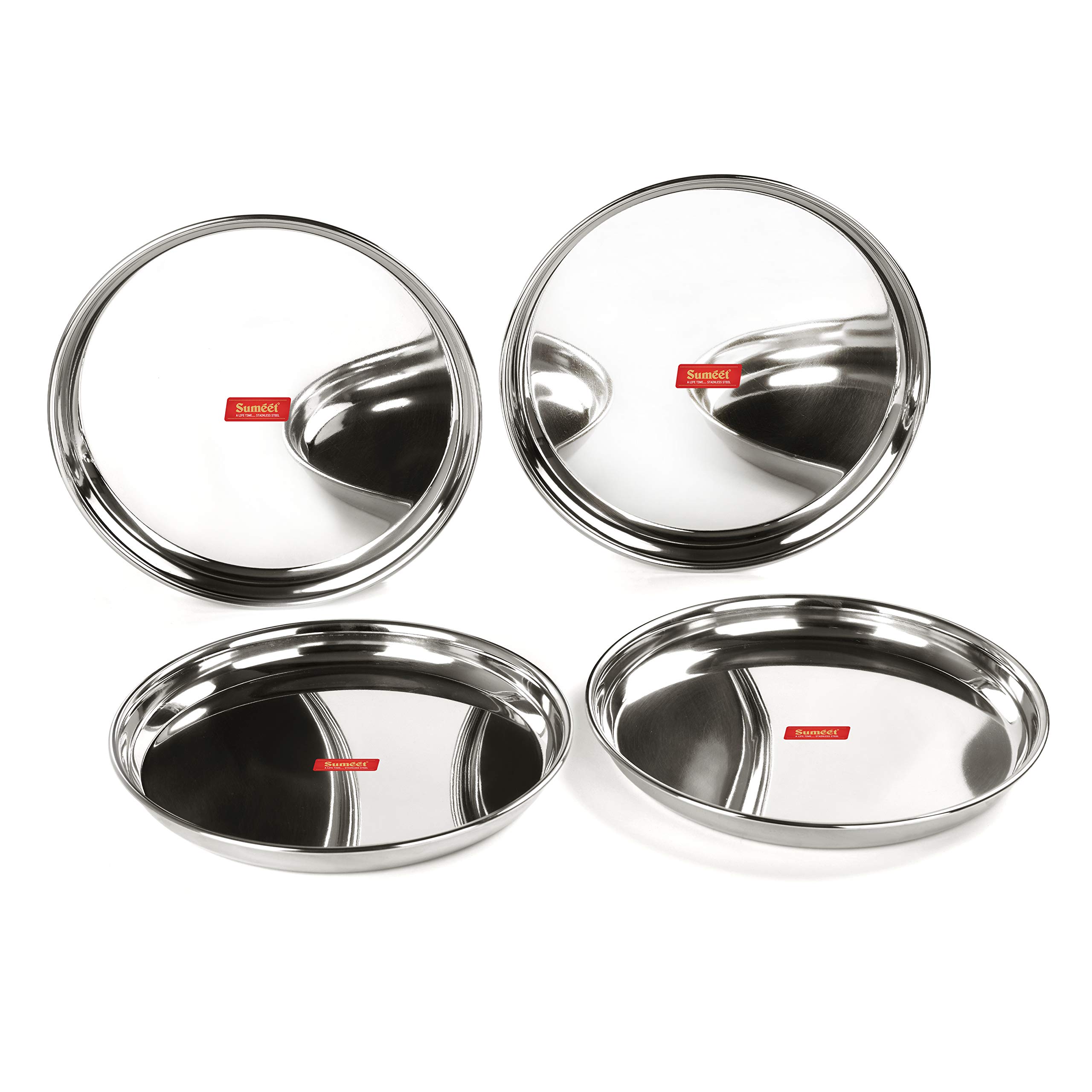 Sumeet Stainless Steel Heavy Gauge Deep Wall Dinner Plates with Mirror Finish 26.6cm Dia - Set of 4pc 4