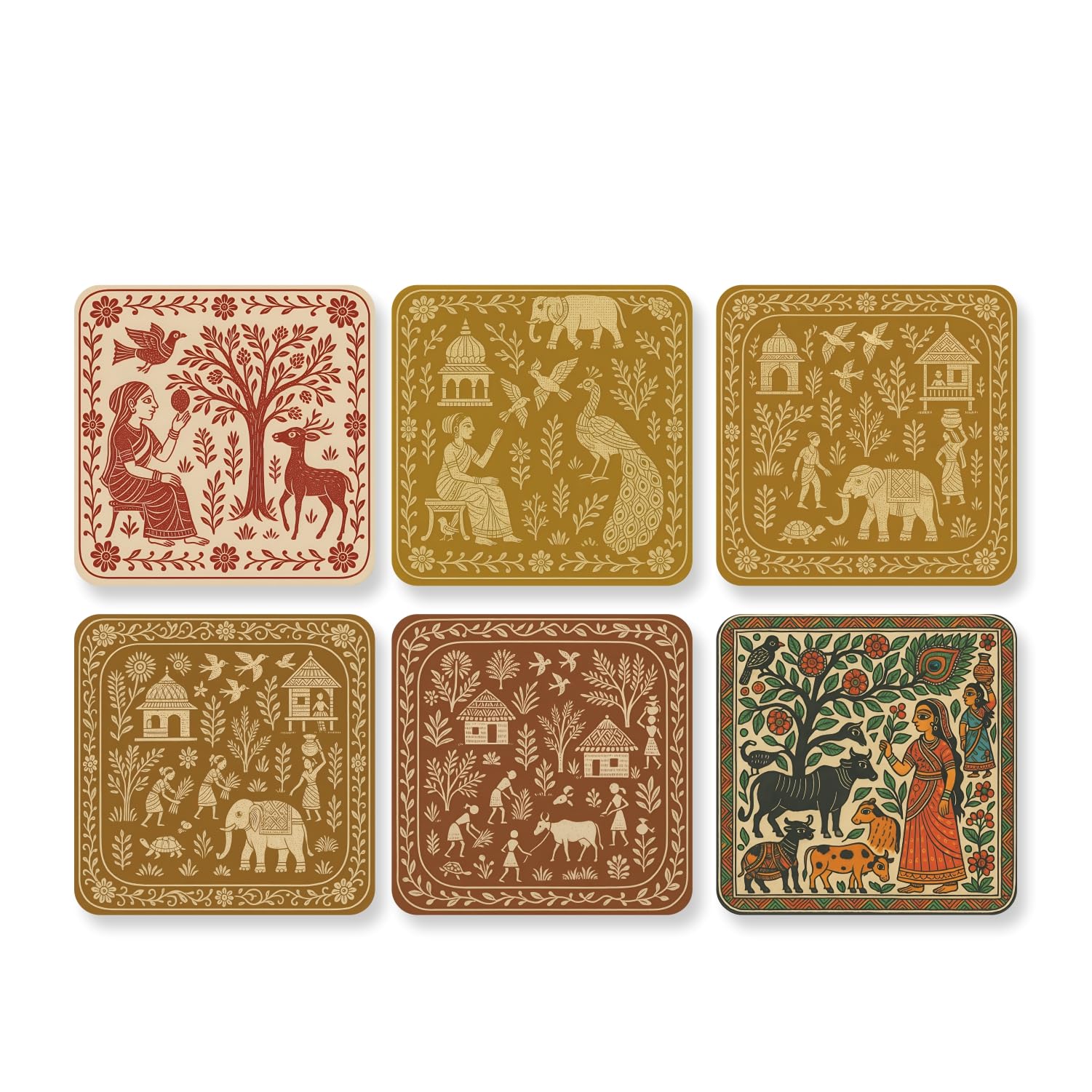 Madhubani Art Coasters Set | Indian Folk Art Tea & Coffee Coasters | Decorative MDF Table Coasters for Home & Office-image-10