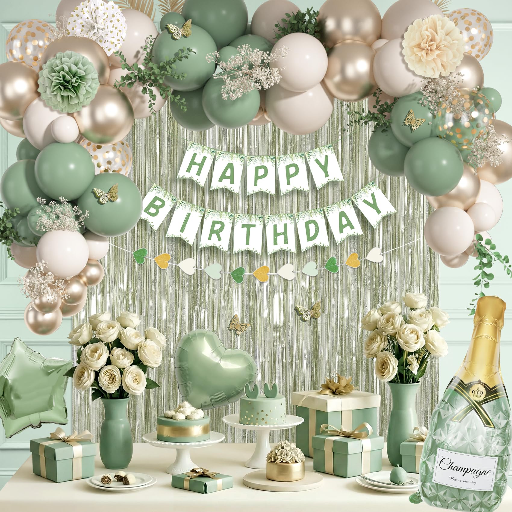 Ouddy Life Decoración de cumpleaños verde salvia, cortina de flecos de globos de confeti verde blanco y dorado, pancarta de feliz cumpleaños, decoración de pastel para mujeres, niñas, niños, neutro,