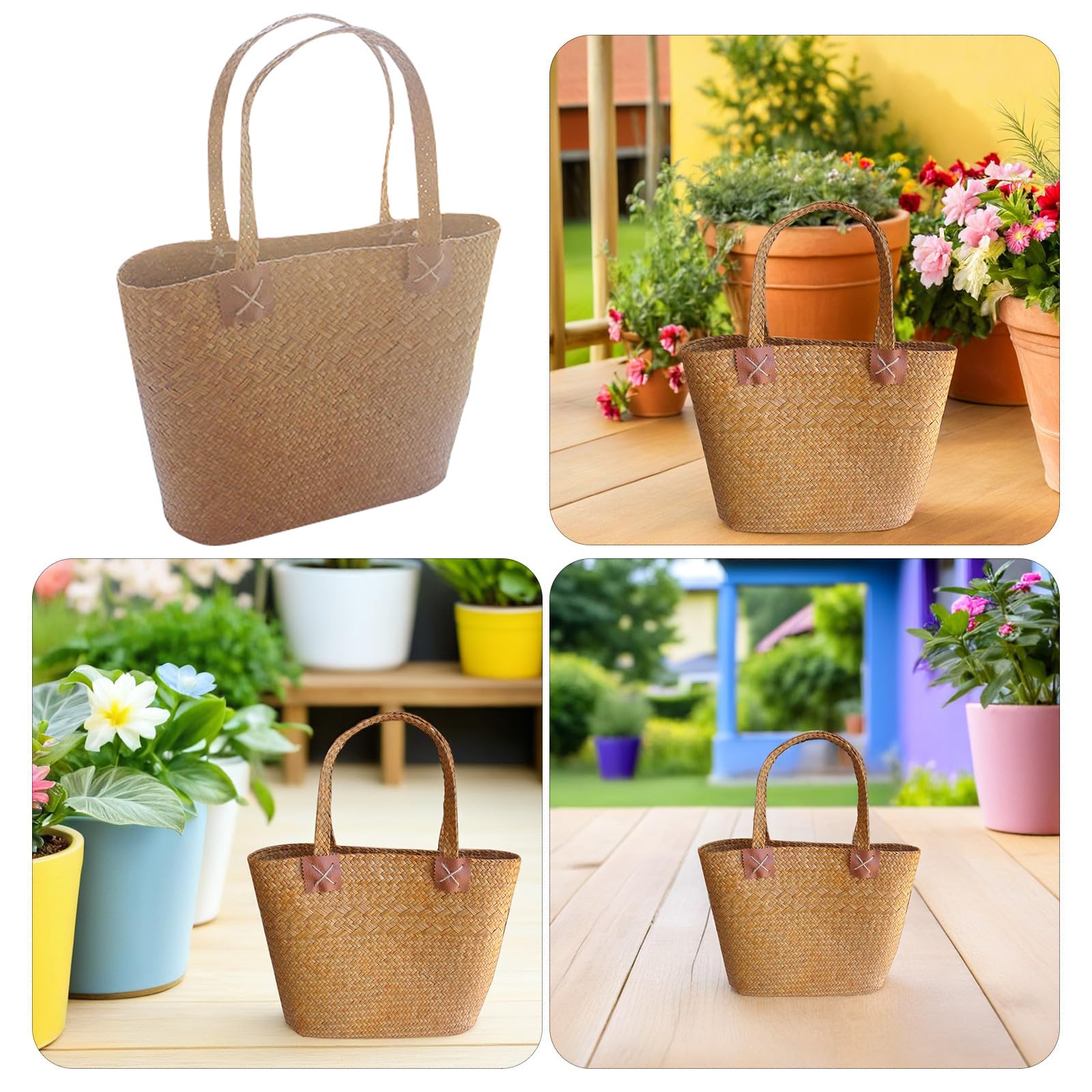 COLLBATH Sac en paille tissée à la main jaune motif floral Petit panier en osier pour pique-nique et plage Sac d'été multifonction pour femme Panier décoratif