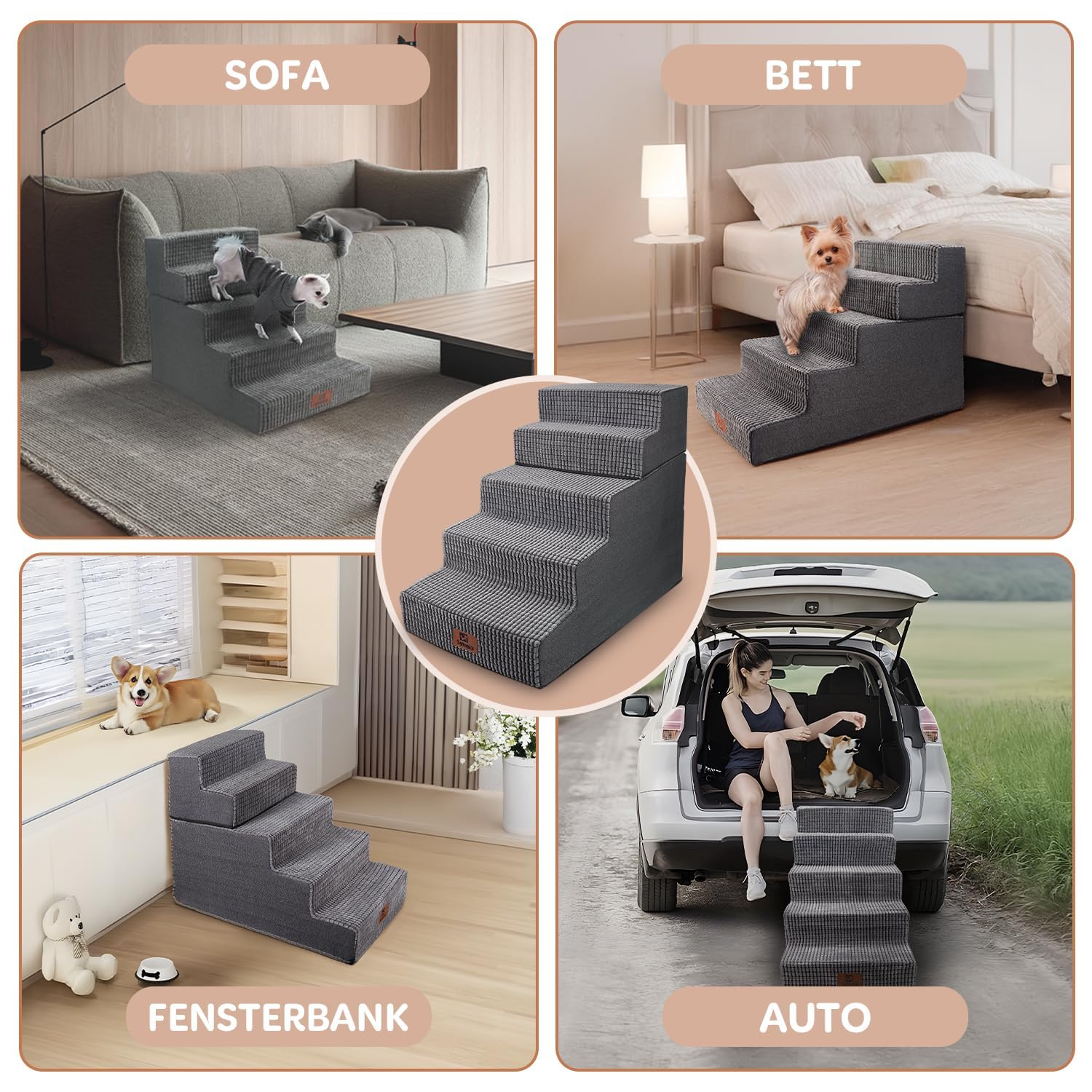 Sytopia Escalera para perros grandes, 5 peldaños de altura, para cama de 60 cm, lavable, espuma de alta densidad, para perros mayores heridos (57 cm de altura, gris)