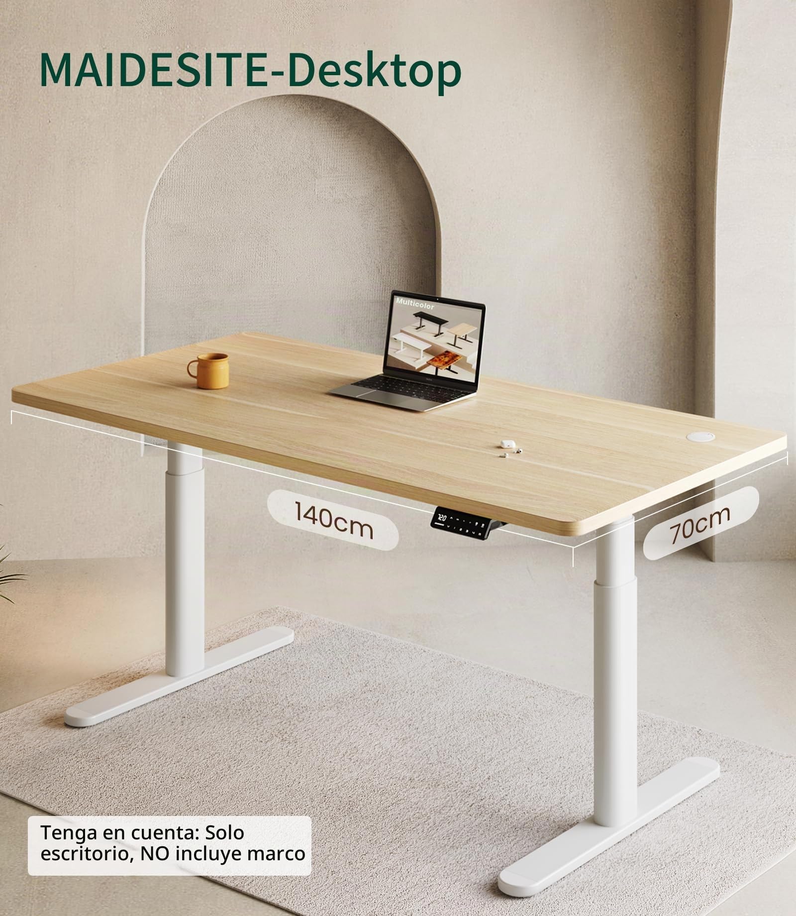 MAIDeSITe Mesa de sobremesa, Escritorio para Escritorio eléctrico de pie Ajustable en Altura, 140 x 70 x 2,5 cm