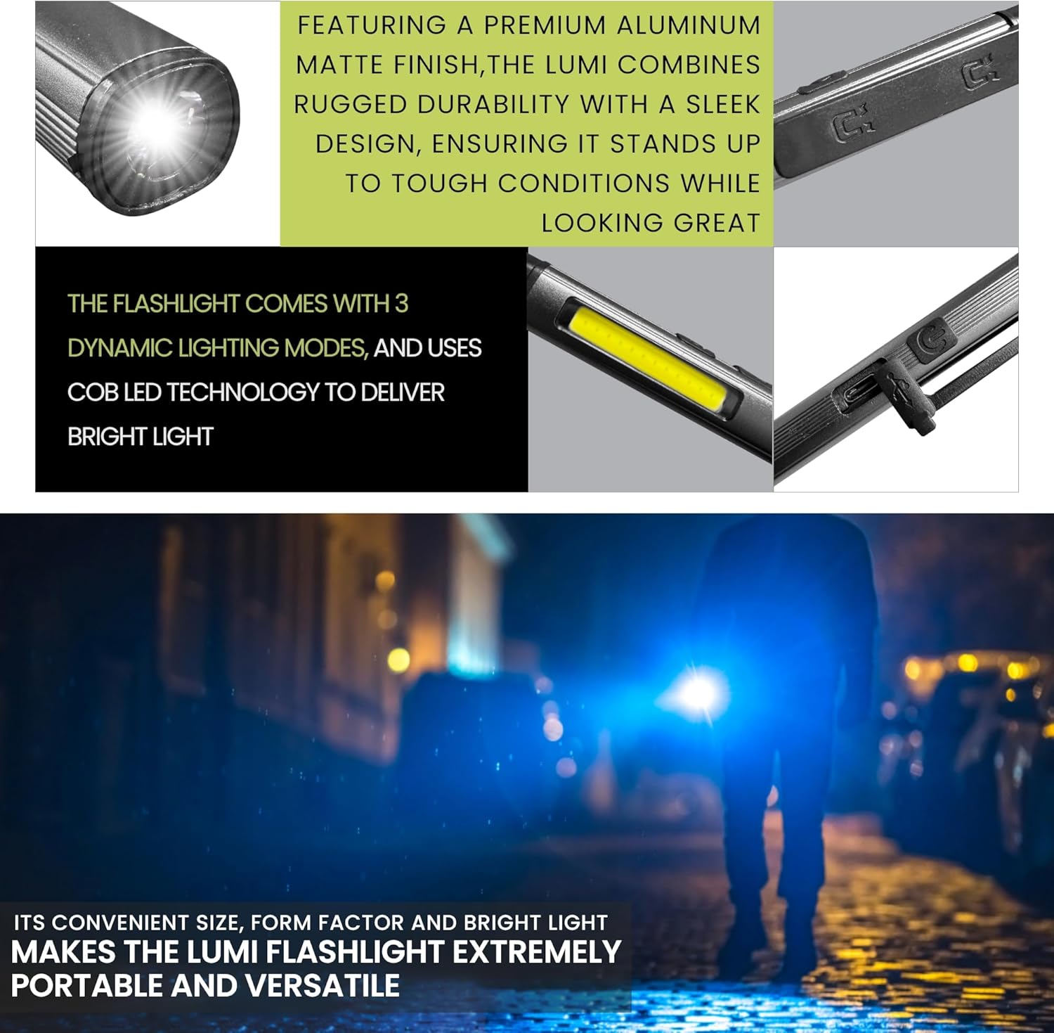 Power By GoGreen Lumi Mini Flashlight - 3 Modes - Rechargeable Lithium-Ion - UV Light - 150 Lumens - Silver