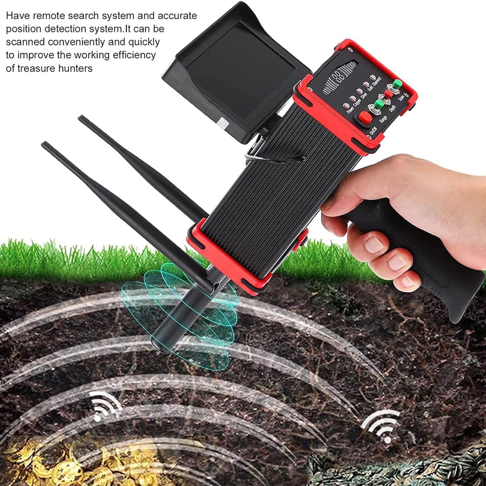Détecteur de métaux avec écran LCD, portée de balayage de 100 m, détection de profondeur de 16 m pour la chasse au trésor or, argent, cuivre, idéal pour les aventures en plein air