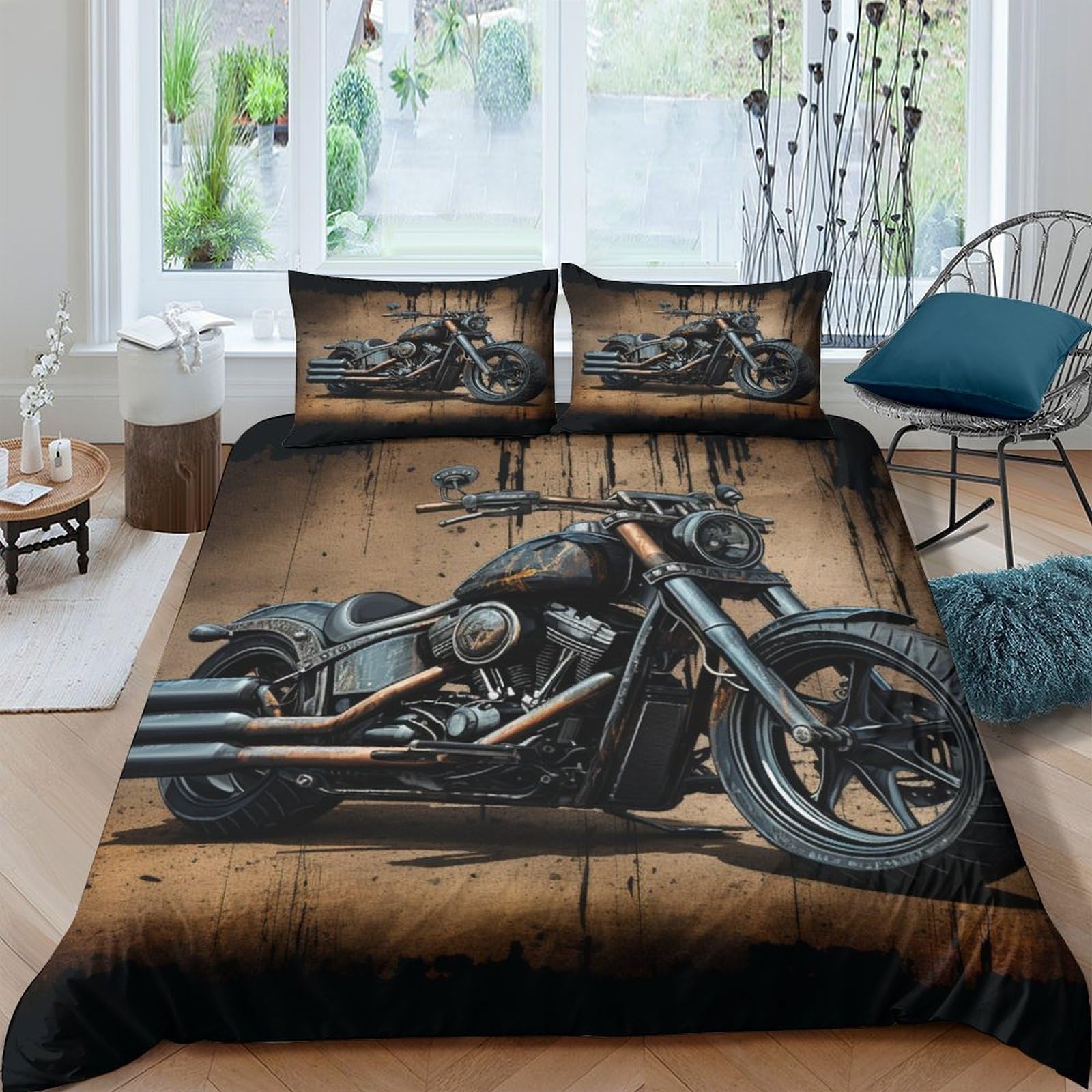 ESSAHI Harley Rider 3 Pieces Bedding Set Boys Girls,3D Print Duvet Cover with Pillowcases Vintage Motorbike Quilt Cover Sets Microfibre Comforter Cover with Zipper Closure Double（200x200cm）