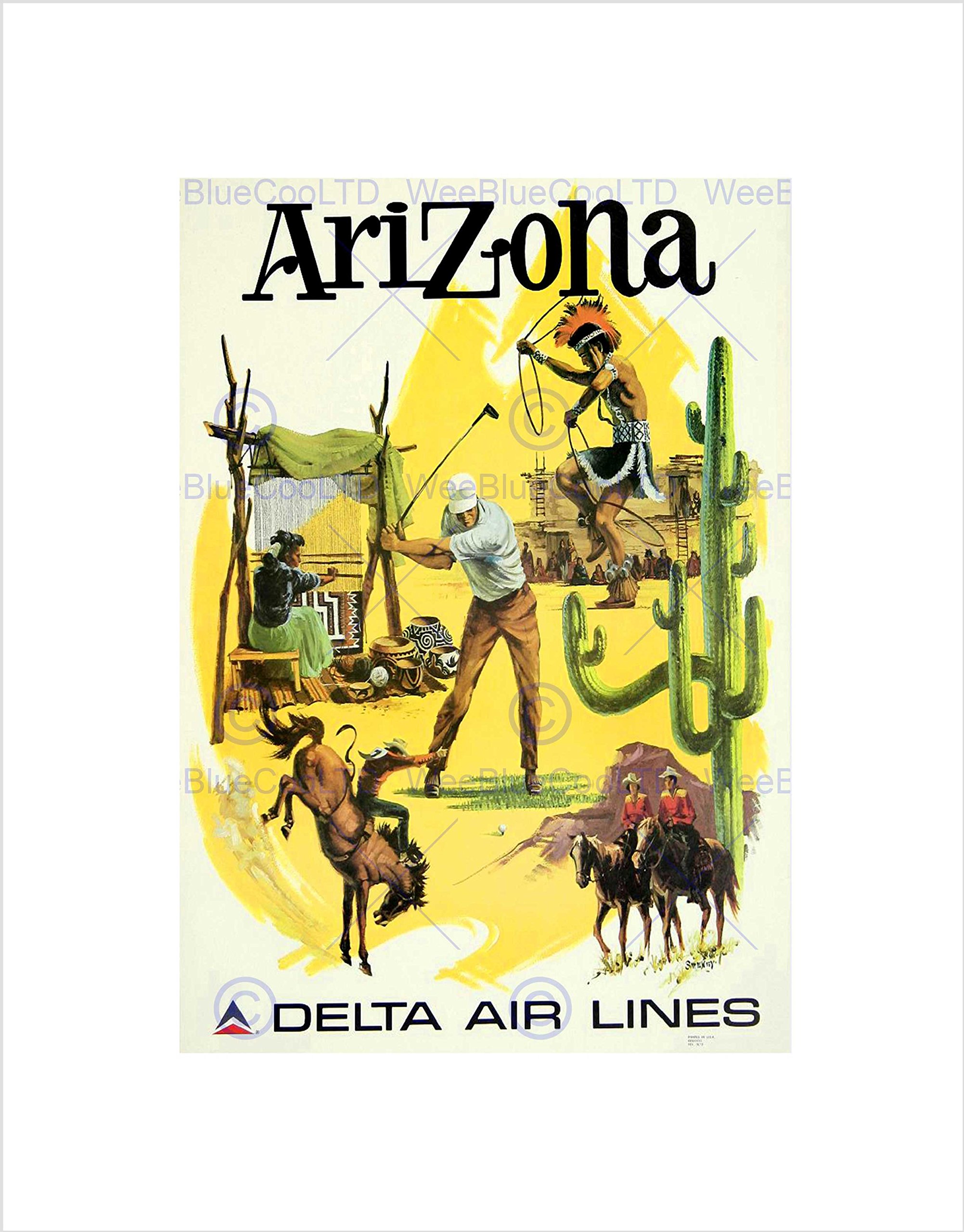 Wee Blue Coo Travel Delta Arizona Native American Cactus Golf Vintage Wall Art Print