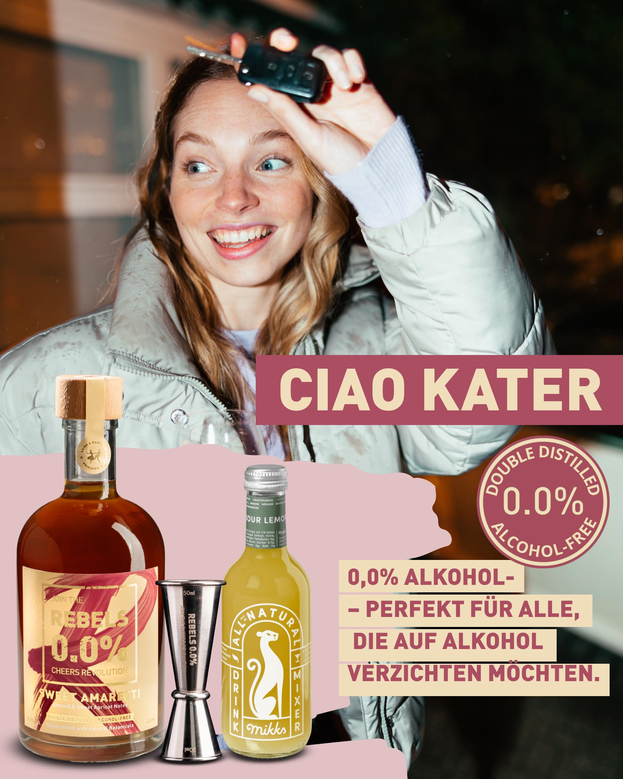 REBELS 0.0% Alkoholfreies Amaretto-Geschenkset 2+1 I Sour Lemon + Messbecher I Vegan, Hochwertige Schweizer Qualität I 500ml+250ml I Für alkoholfreie Cocktails & Mocktails I Likör Alkoholfrei
